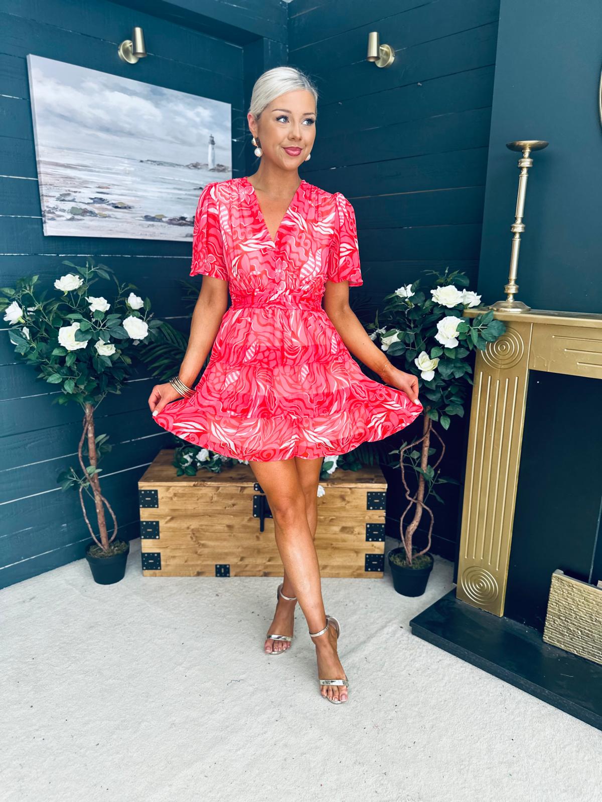 Landi Tiered Mini Dress Leaf Pink