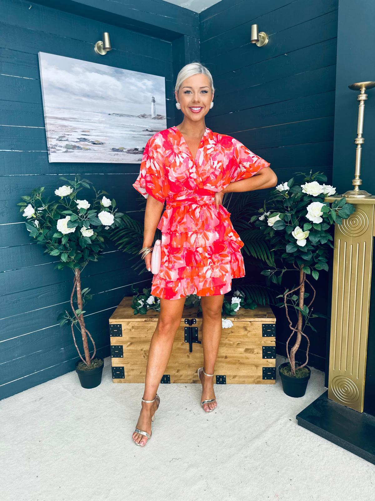 Anne Tiered Mini Dress Leaf Orange Pink