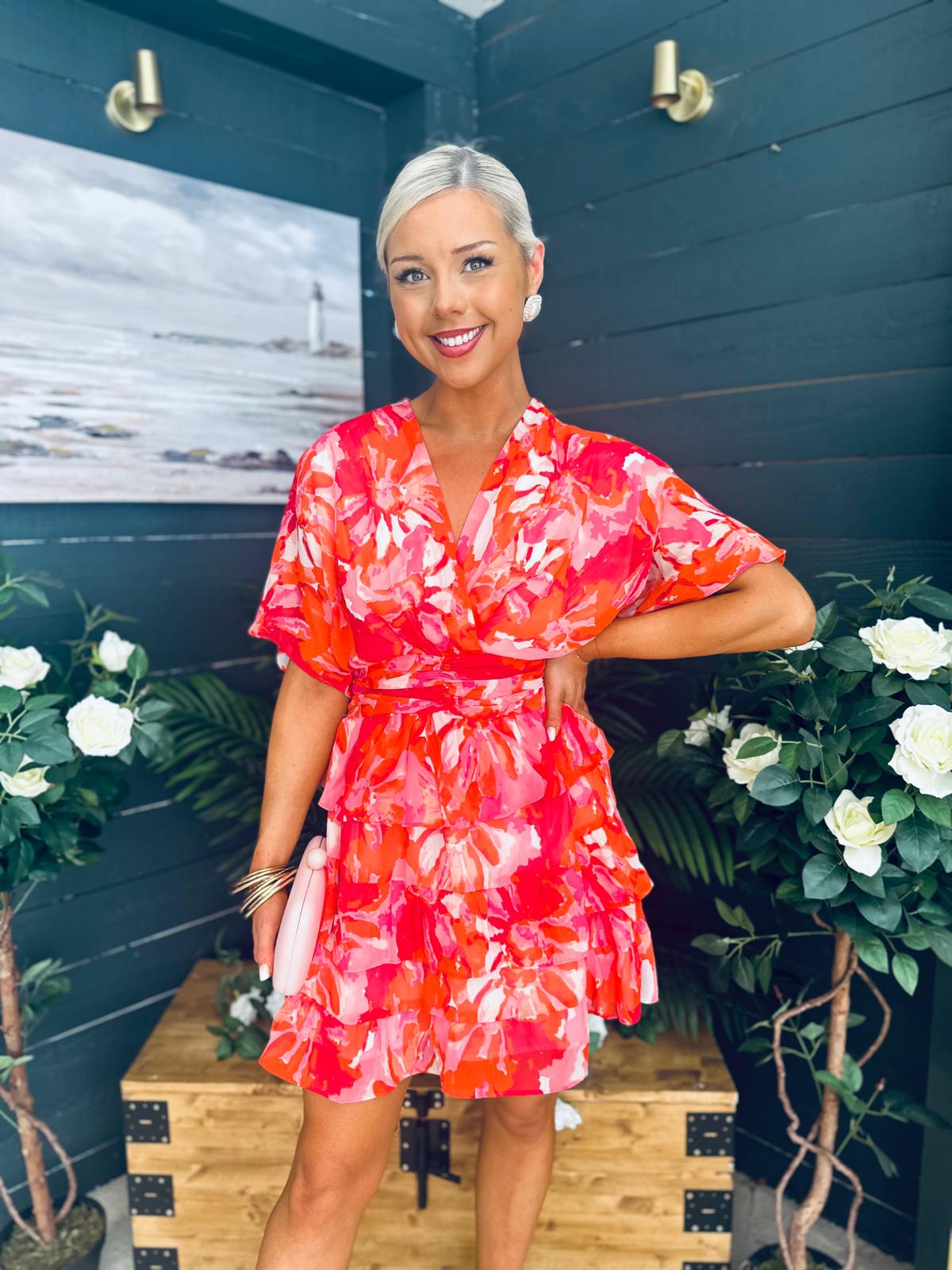 Anne Tiered Mini Dress Leaf Orange Pink