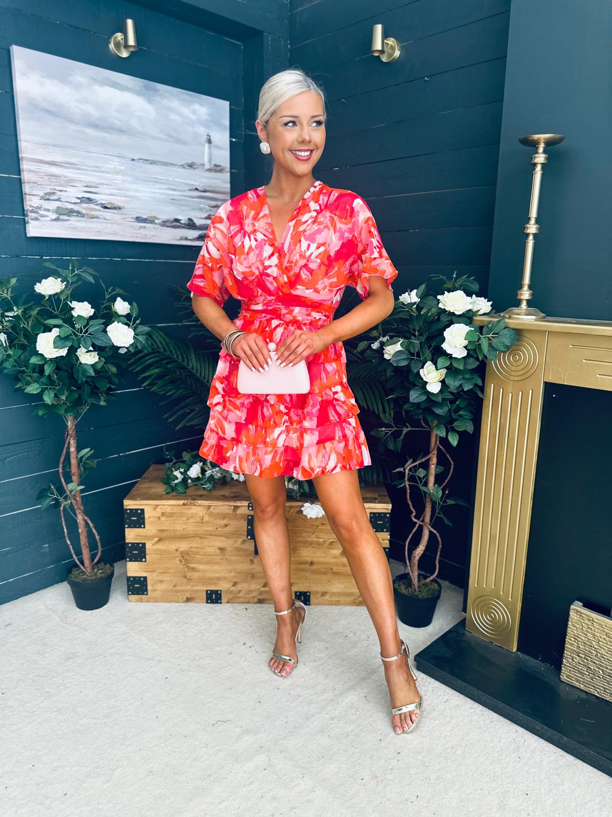Anne Tiered Mini Dress Leaf Orange Pink