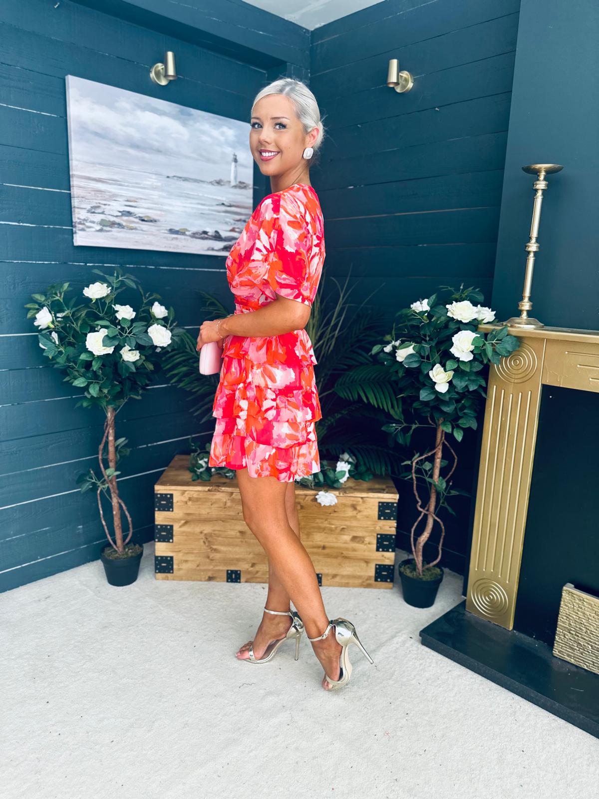 Anne Tiered Mini Dress Leaf Orange Pink
