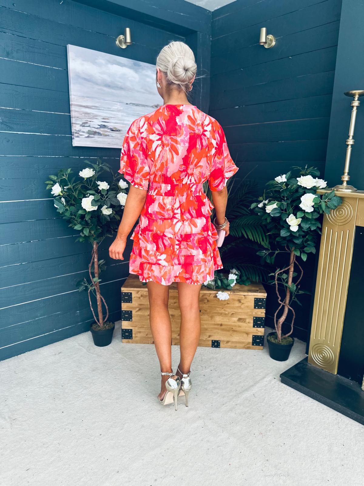 Anne Tiered Mini Dress Leaf Orange Pink