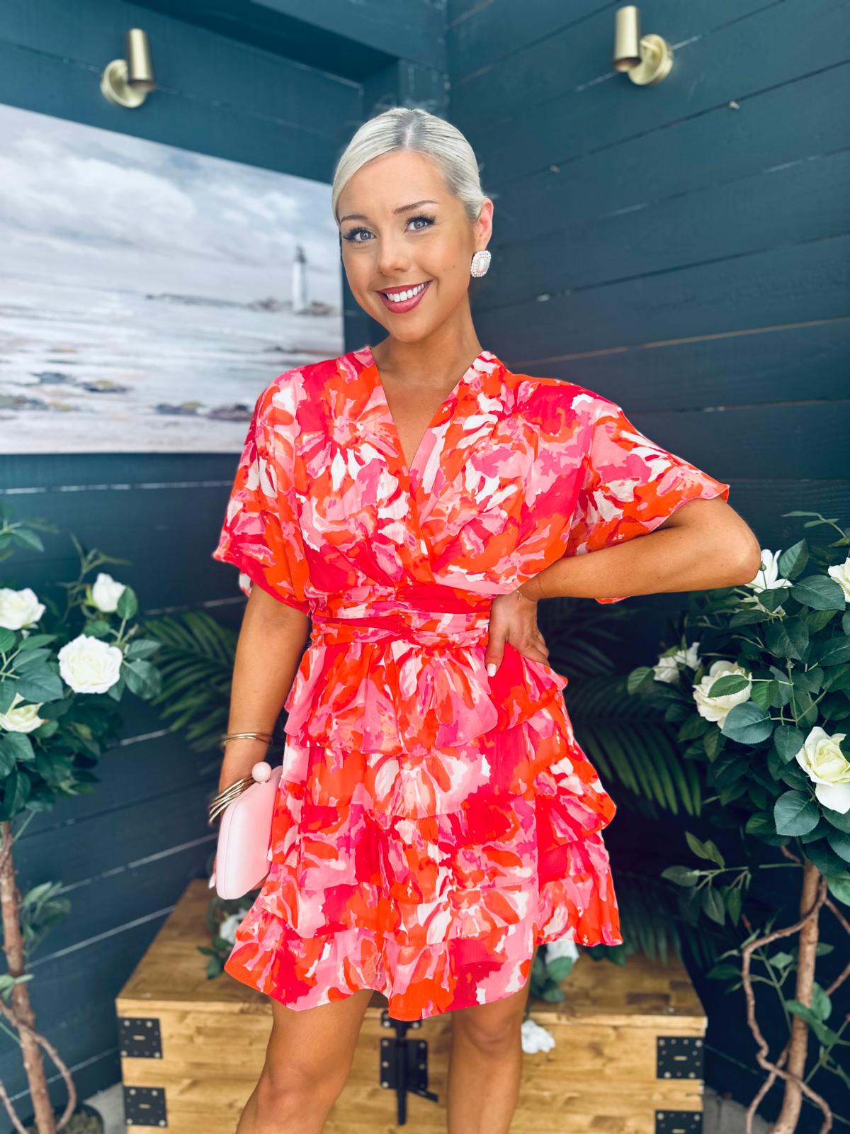 Anne Tiered Mini Dress Leaf Orange Pink