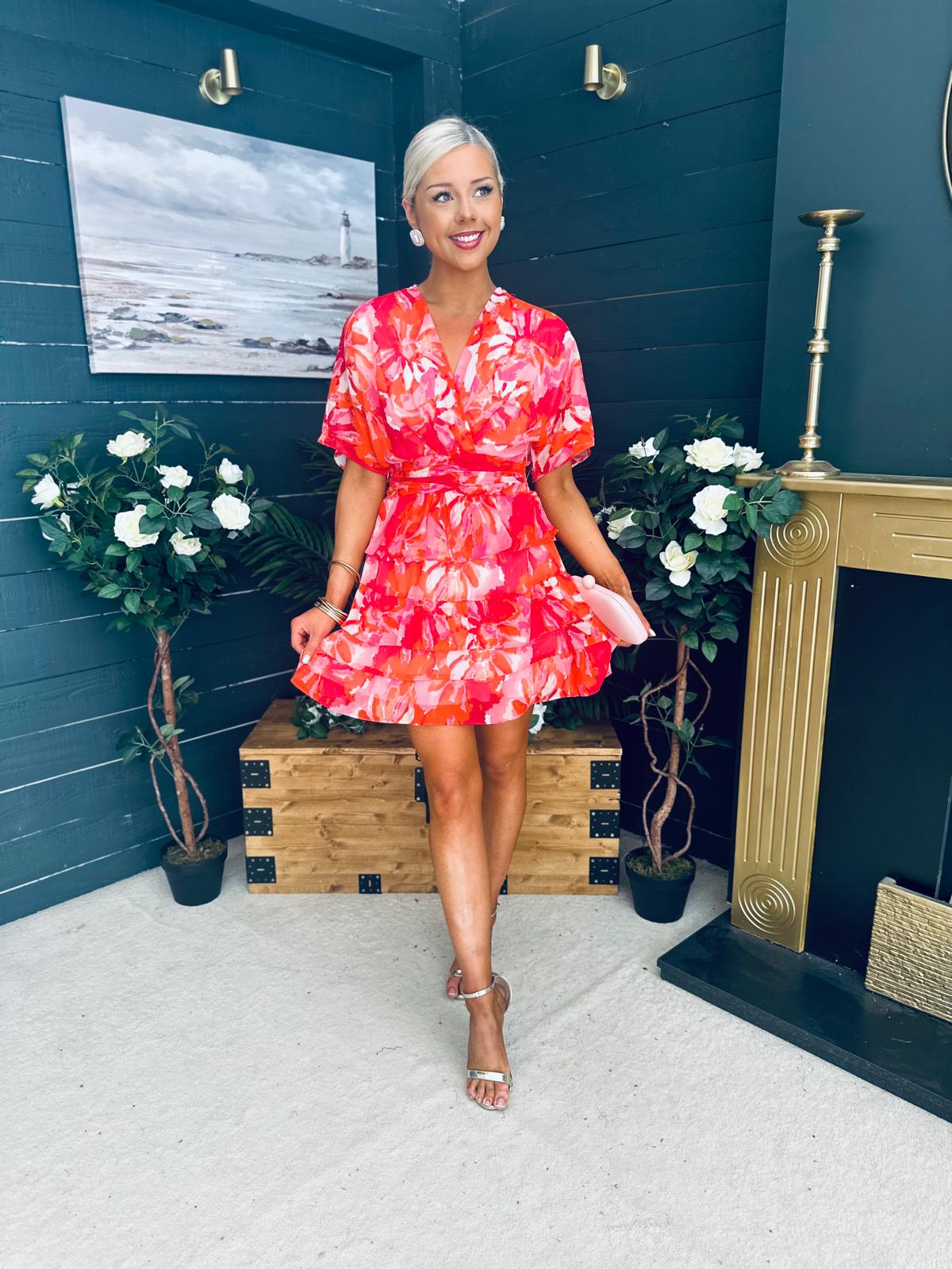 Anne Tiered Mini Dress Leaf Orange Pink