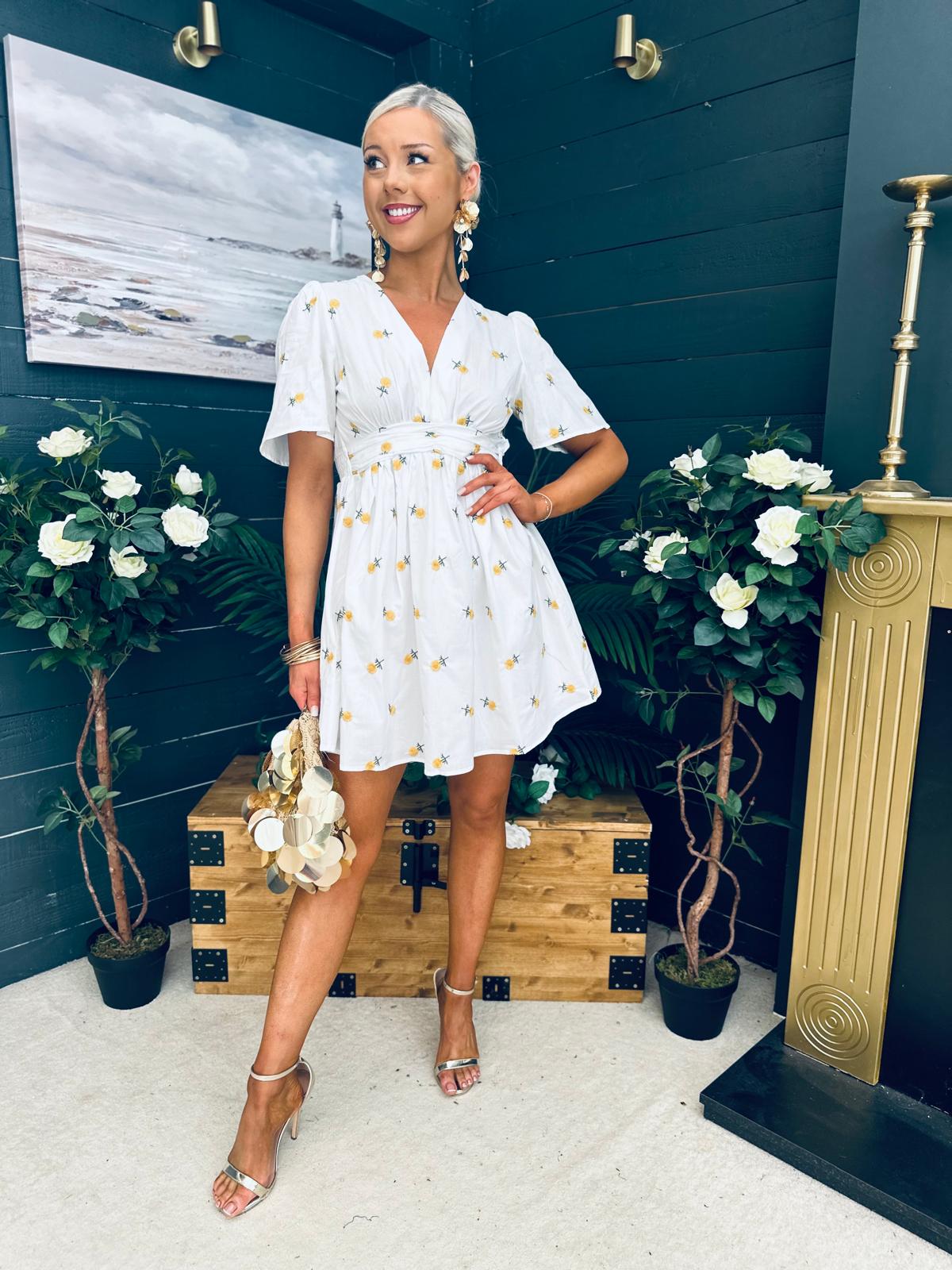 Paula Banded Mini Dress Floral White