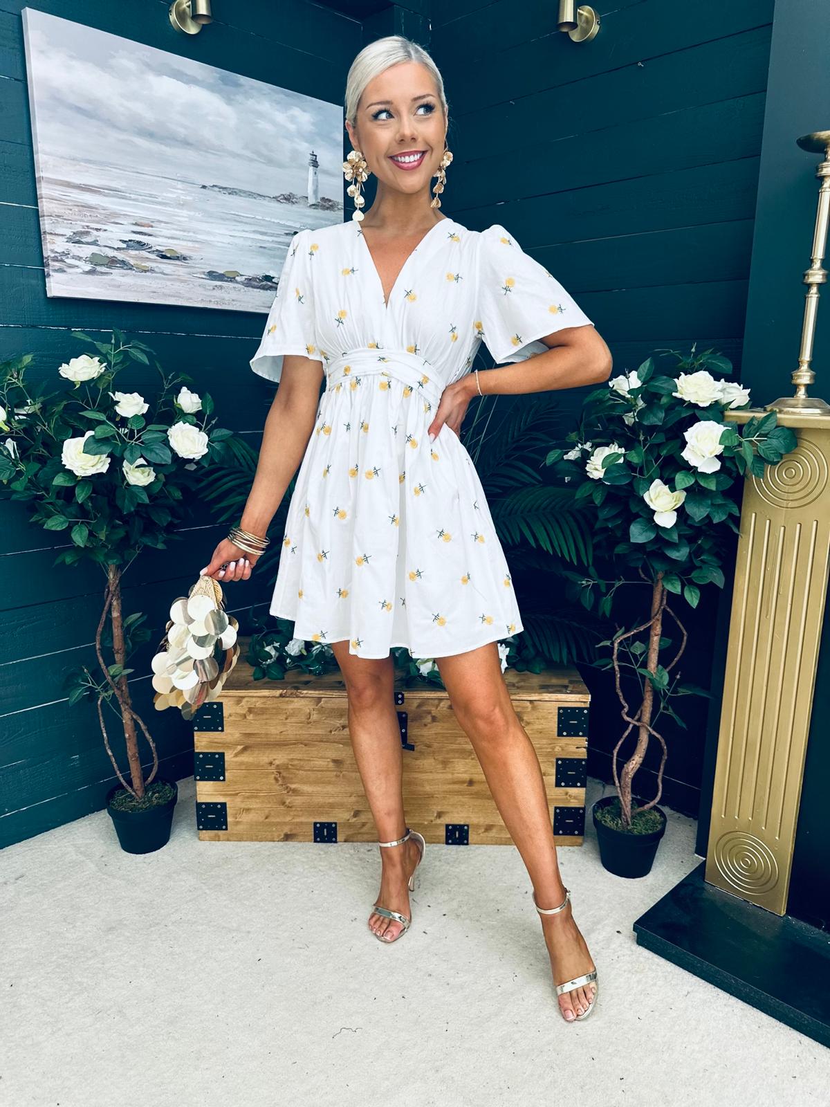 Paula Banded Mini Dress Floral White