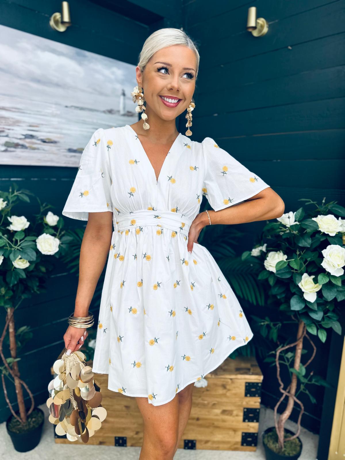 Paula Banded Mini Dress Floral White