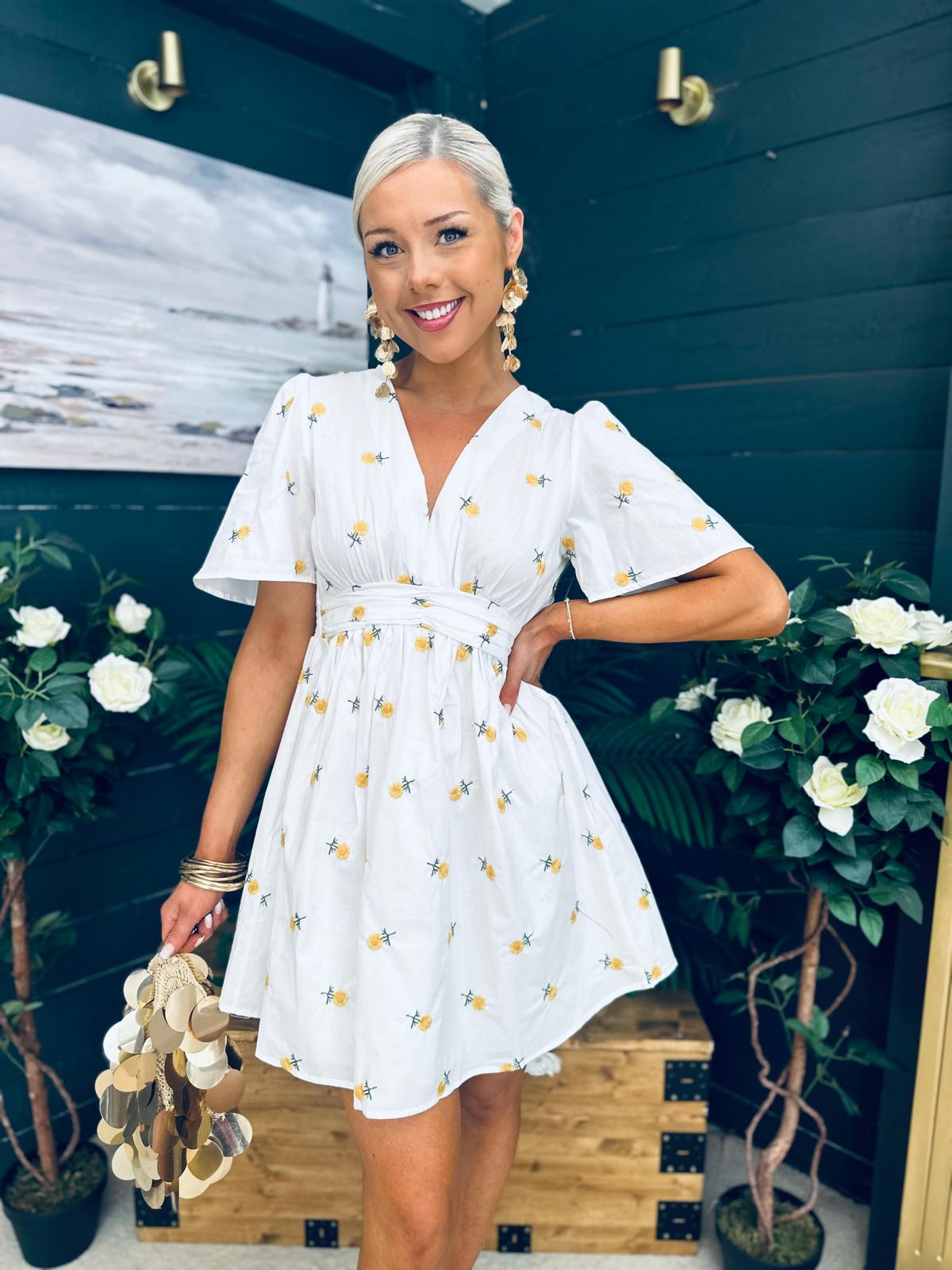 Paula Banded Mini Dress Floral White