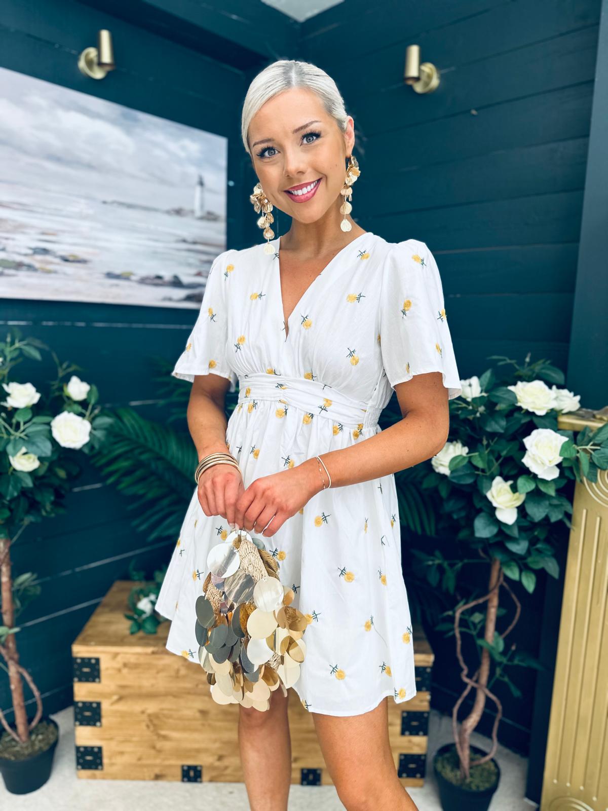 Paula Banded Mini Dress Floral White