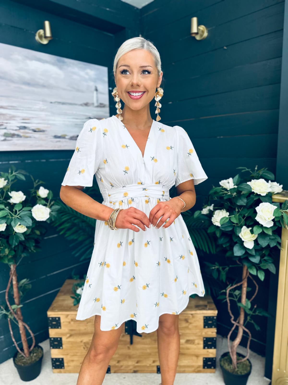 Paula Banded Mini Dress Floral White