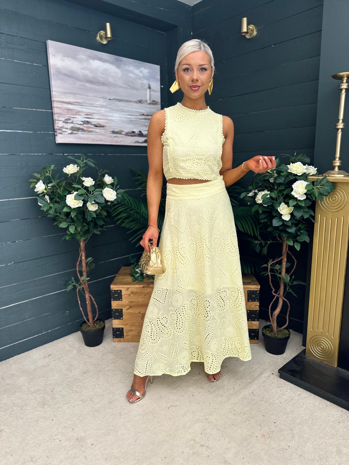 Mira Crochet Detail Top & Skirt Set Yellow