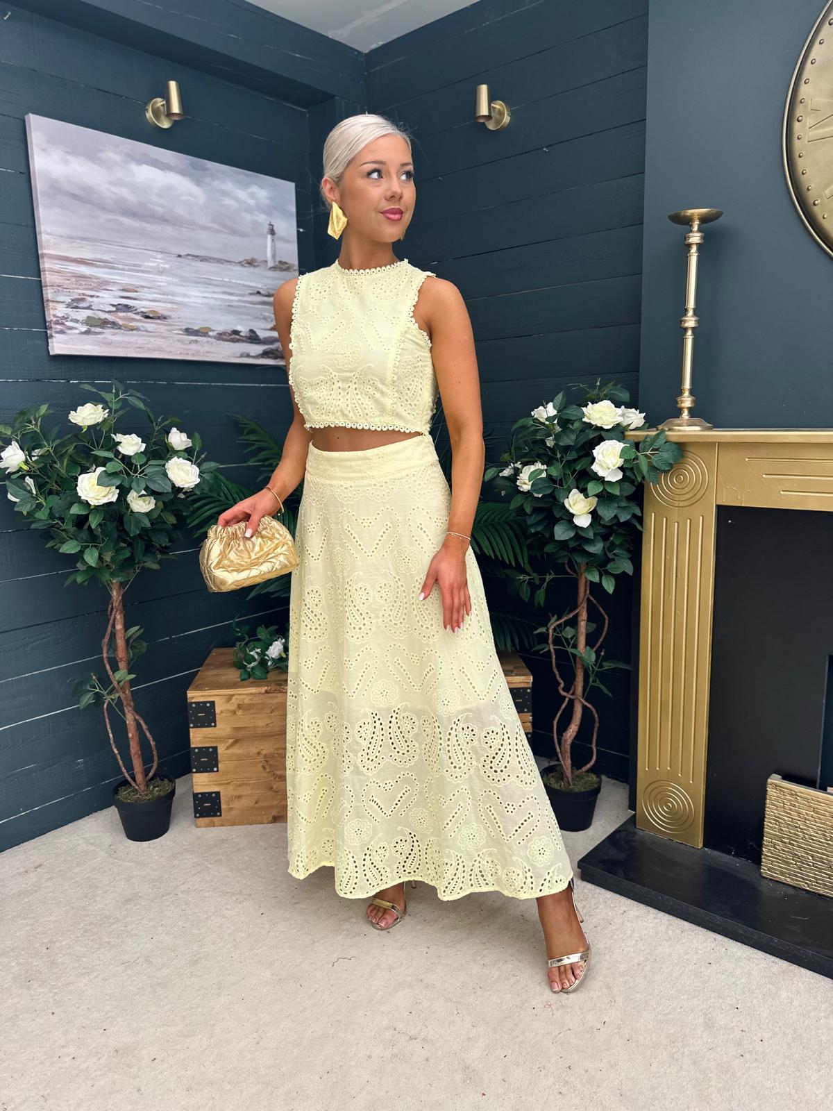 Mira Crochet Detail Top & Skirt Set Yellow