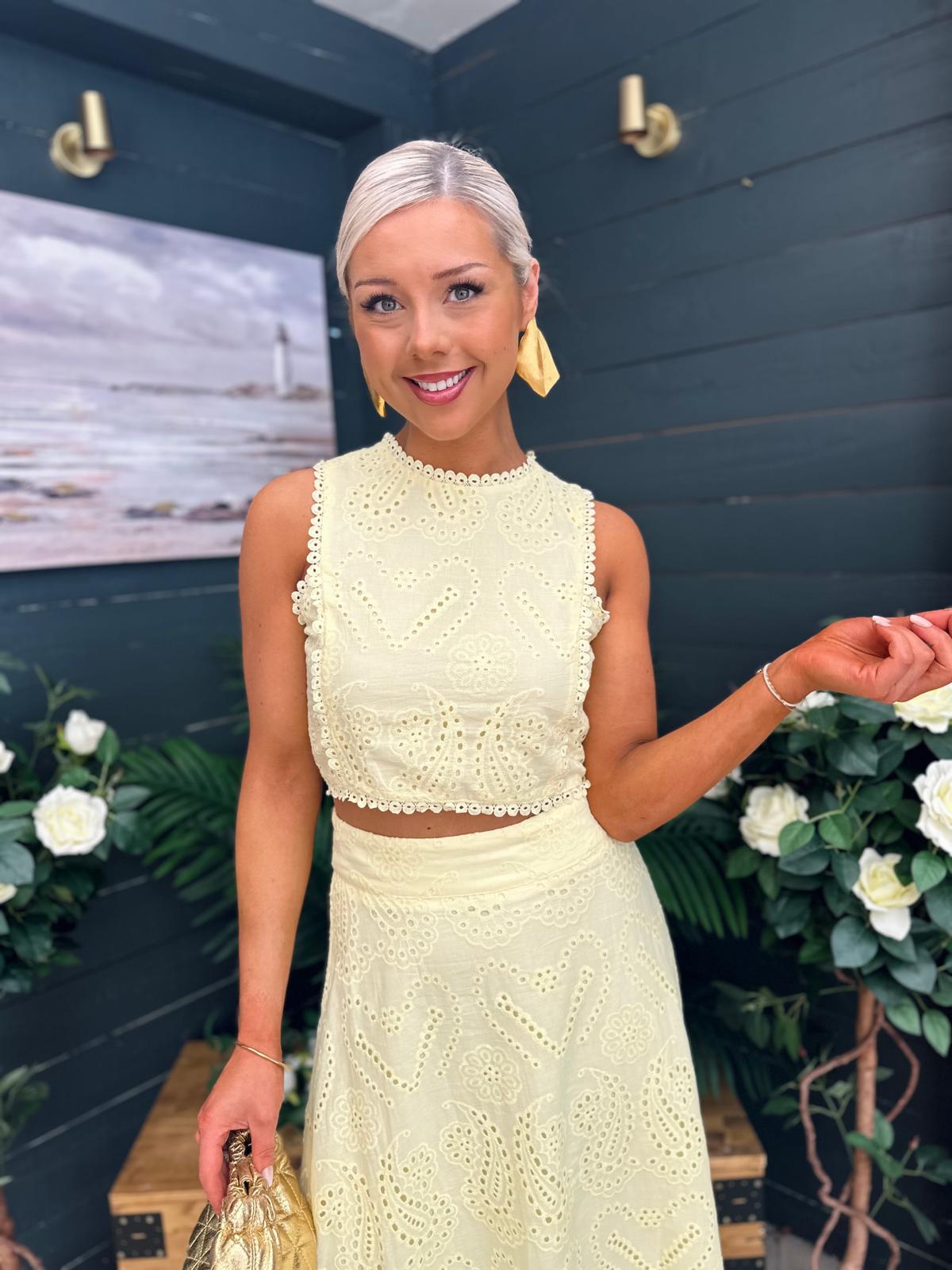 Mira Crochet Detail Top & Skirt Set Yellow