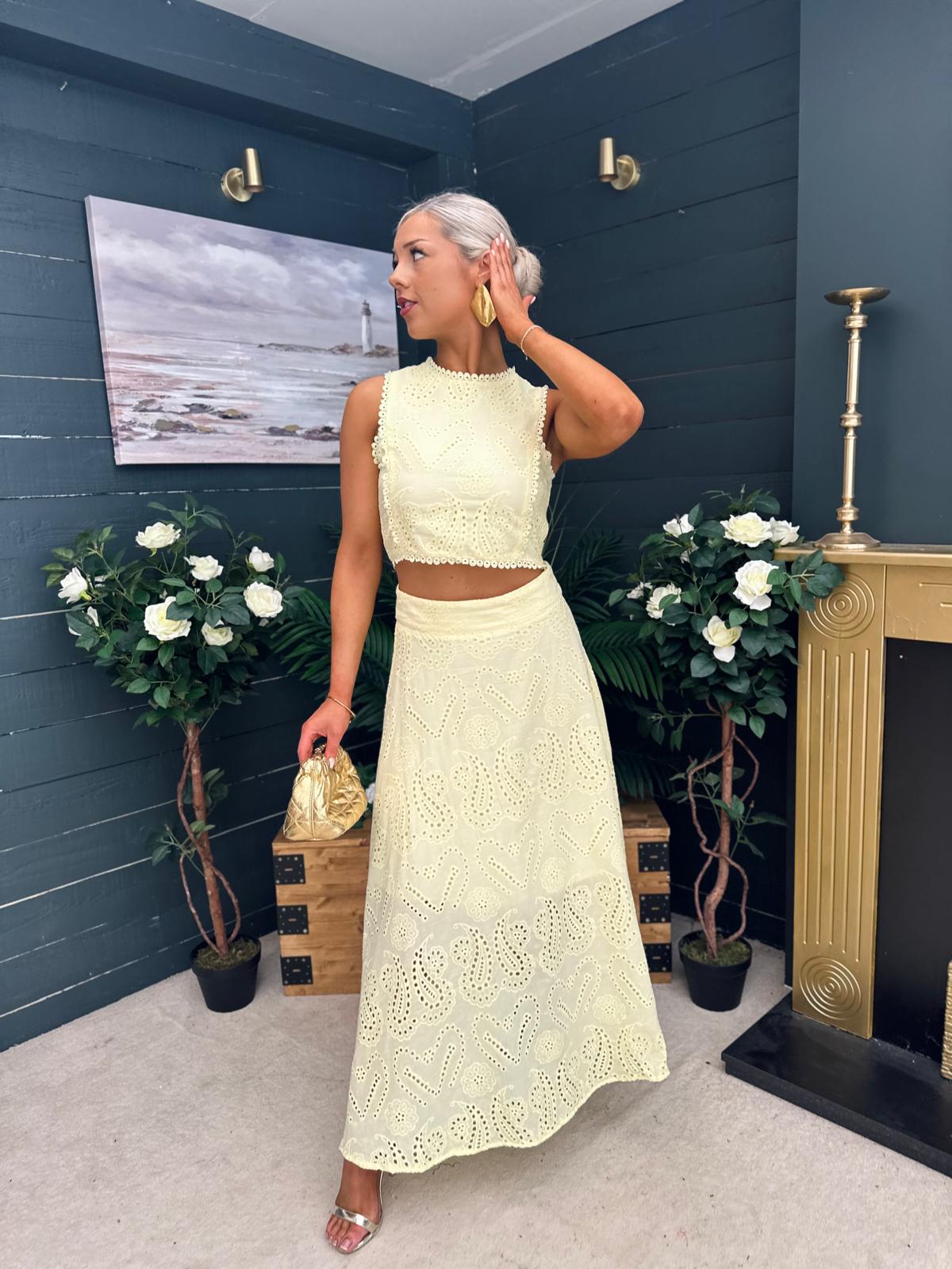 Mira Crochet Detail Top & Skirt Set Yellow