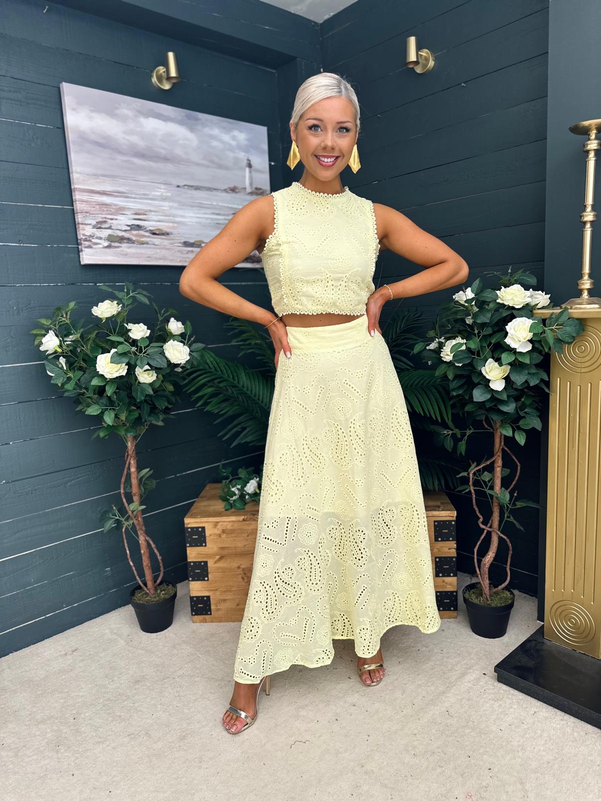 Mira Crochet Detail Top & Skirt Set Yellow