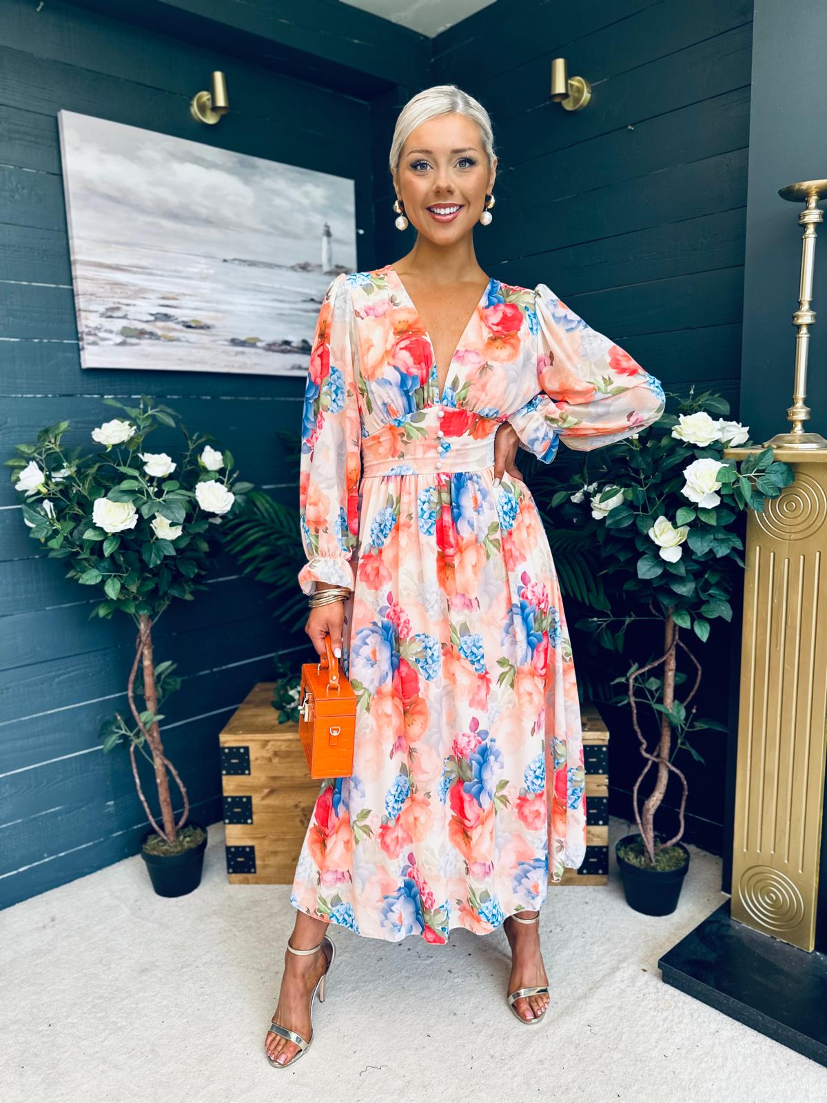 Bailey Banded Midi Dress Floral Peach