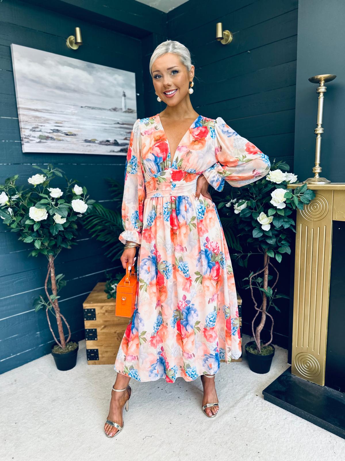 Bailey Banded Midi Dress Floral Peach