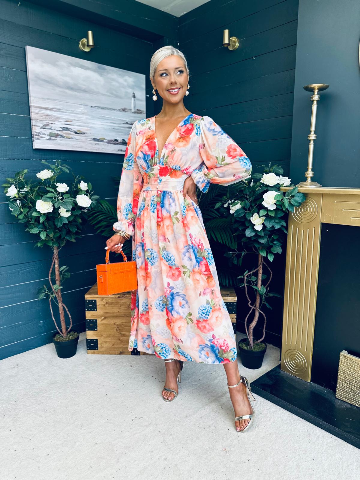 Bailey Banded Midi Dress Floral Peach