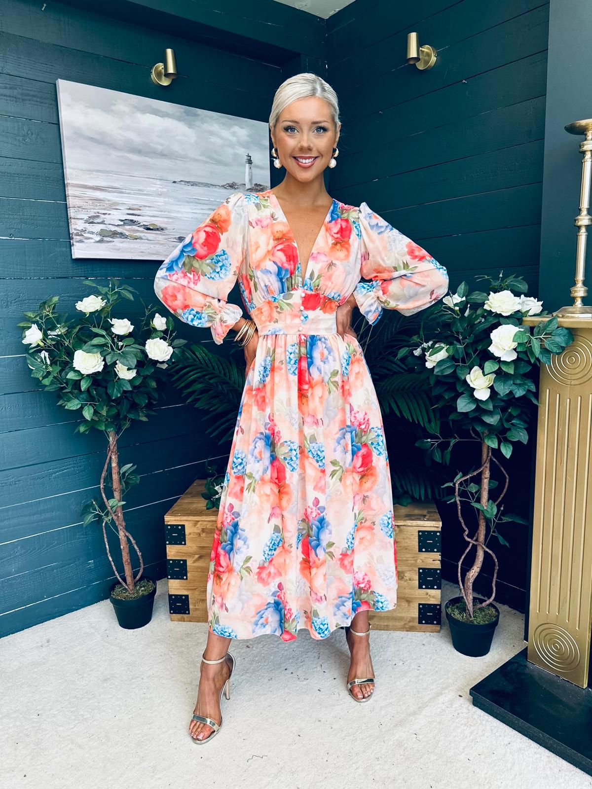 Bailey Banded Midi Dress Floral Peach
