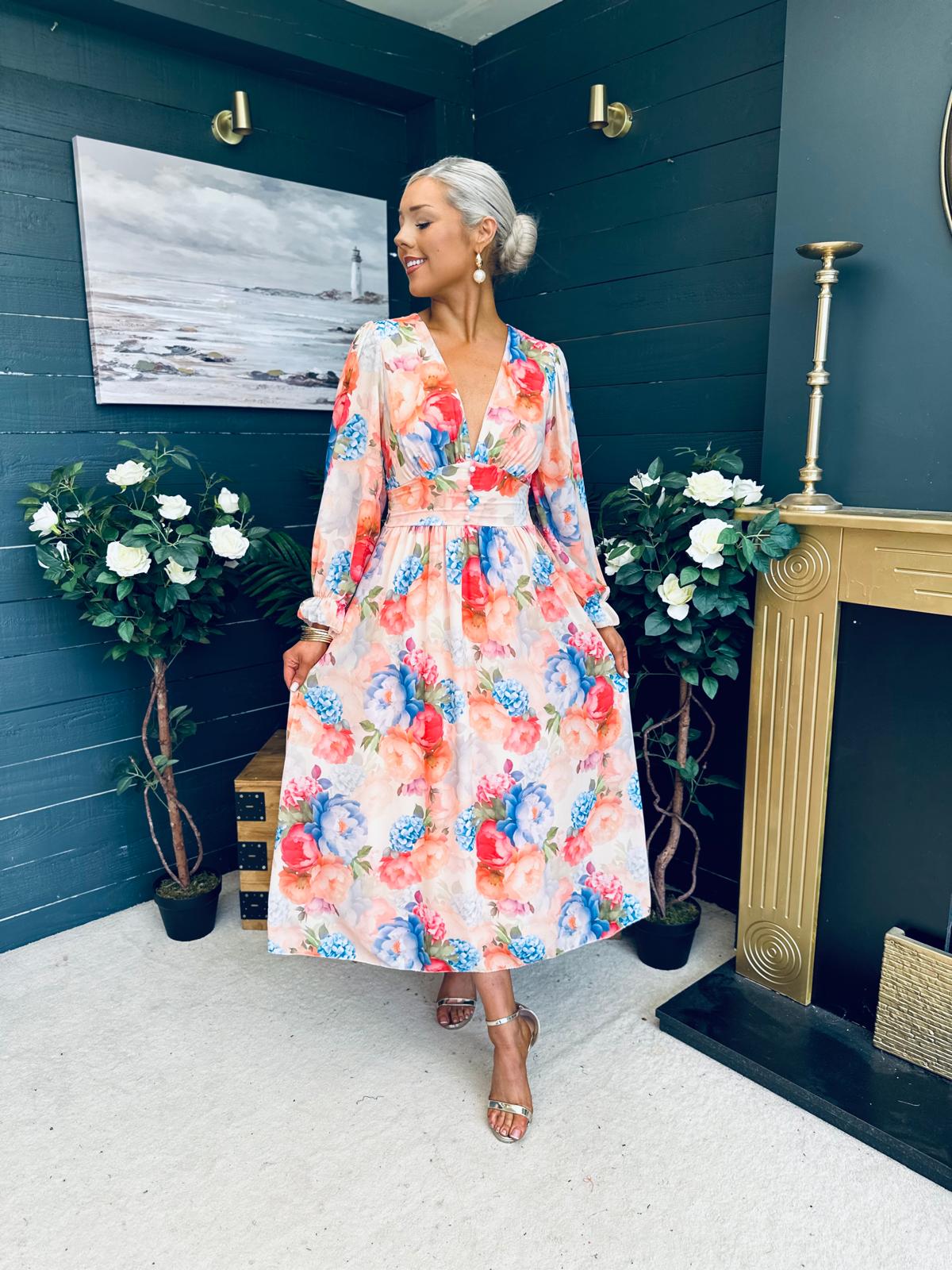 Bailey Banded Midi Dress Floral Peach