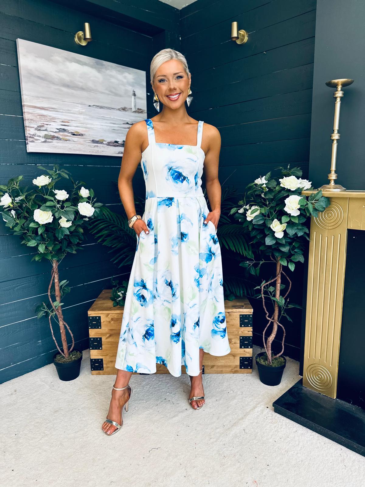 Heather Pleated Skirt Midi Dress Blue Floral