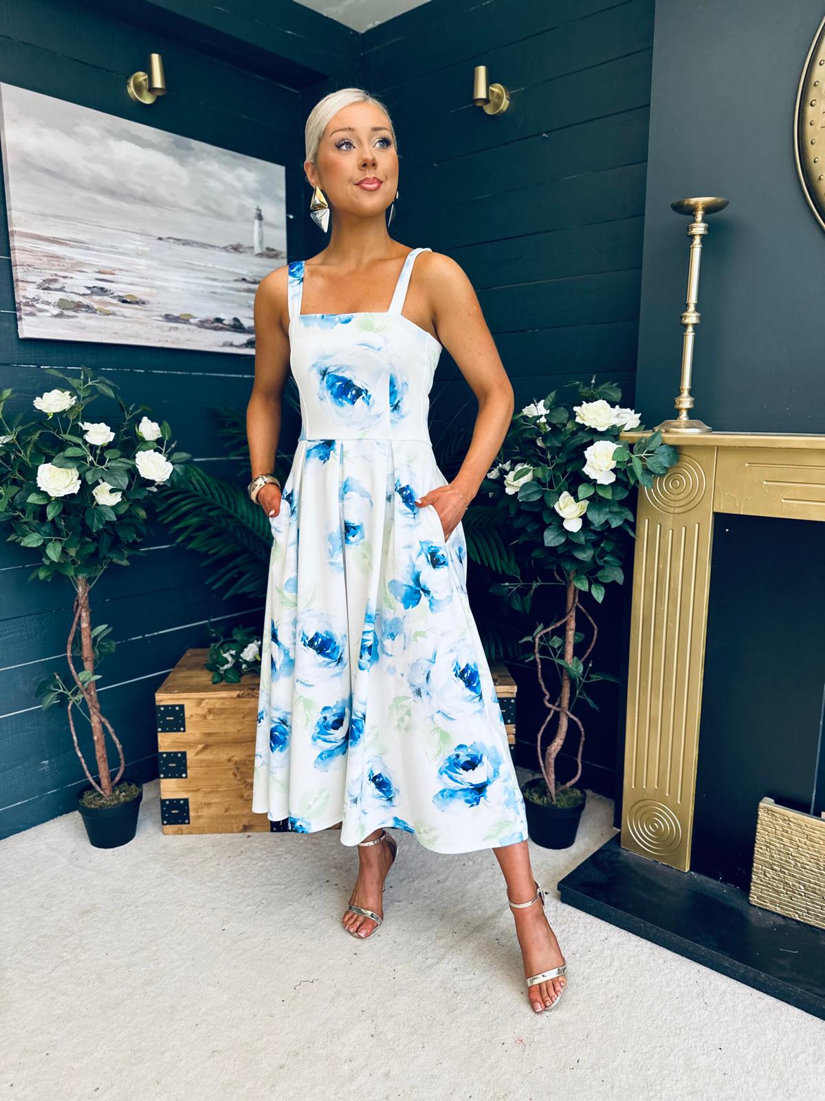 Heather Pleated Skirt Midi Dress Blue Floral