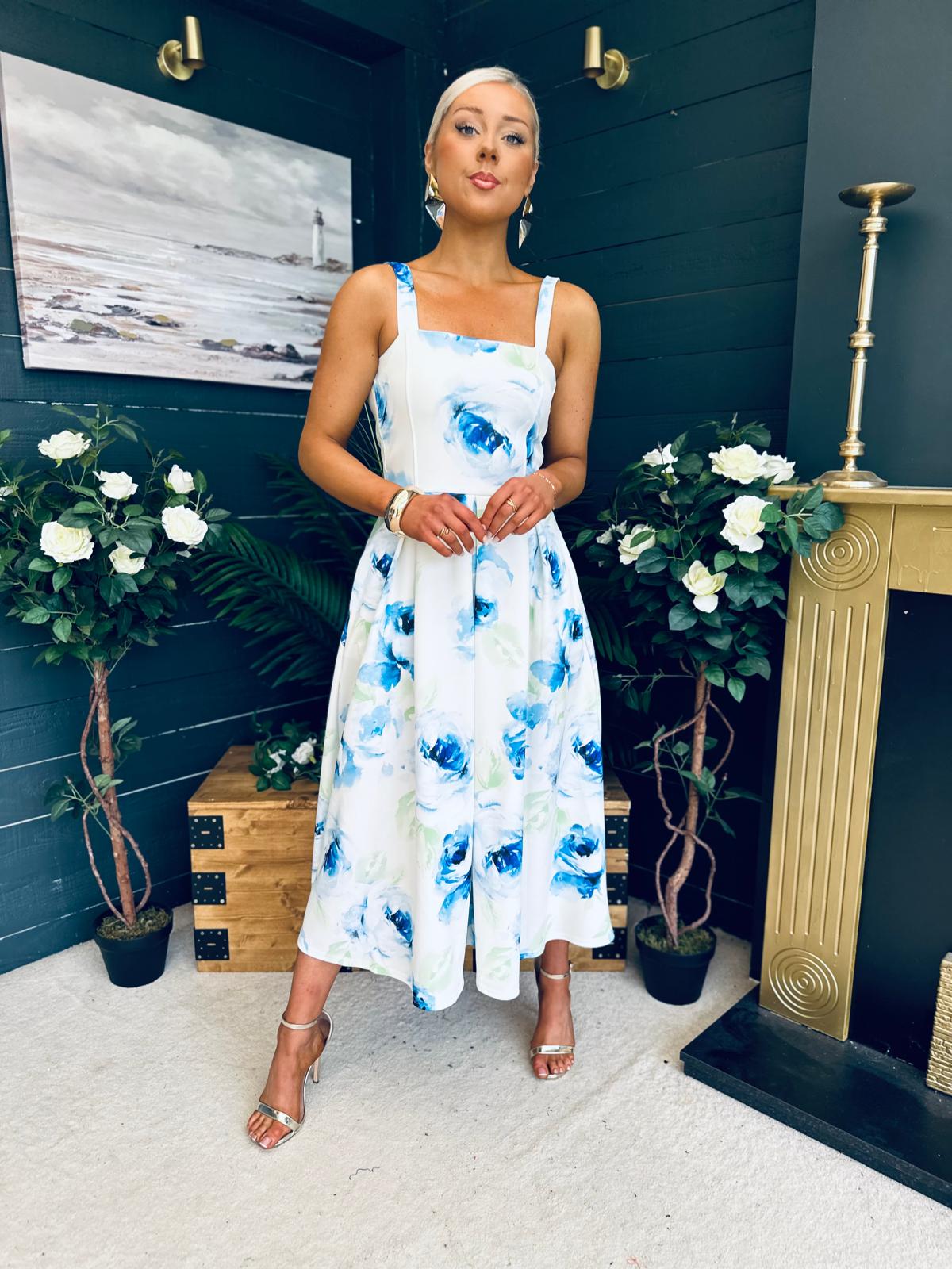 Heather Pleated Skirt Midi Dress Blue Floral
