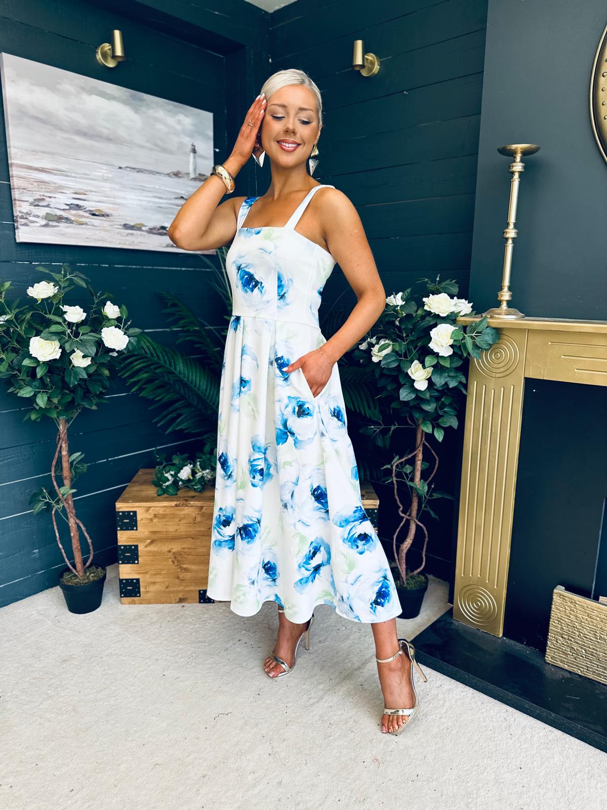 Heather Pleated Skirt Midi Dress Blue Floral