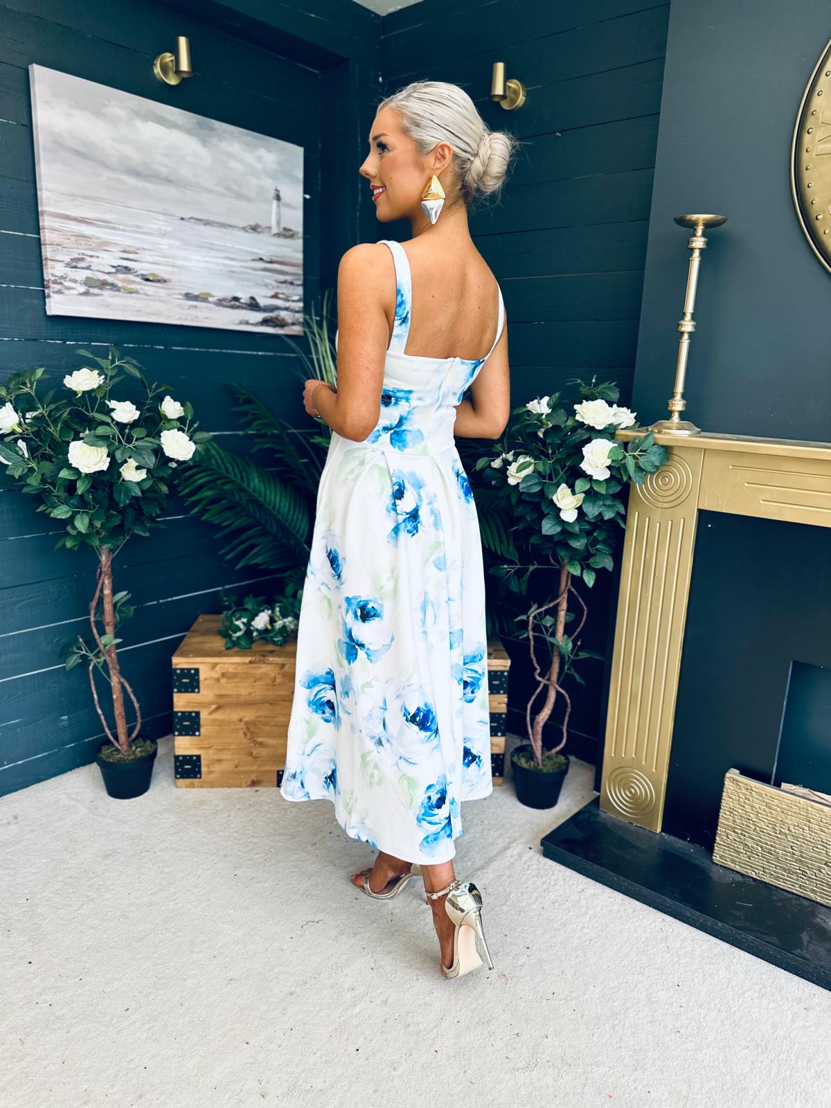 Heather Pleated Skirt Midi Dress Blue Floral