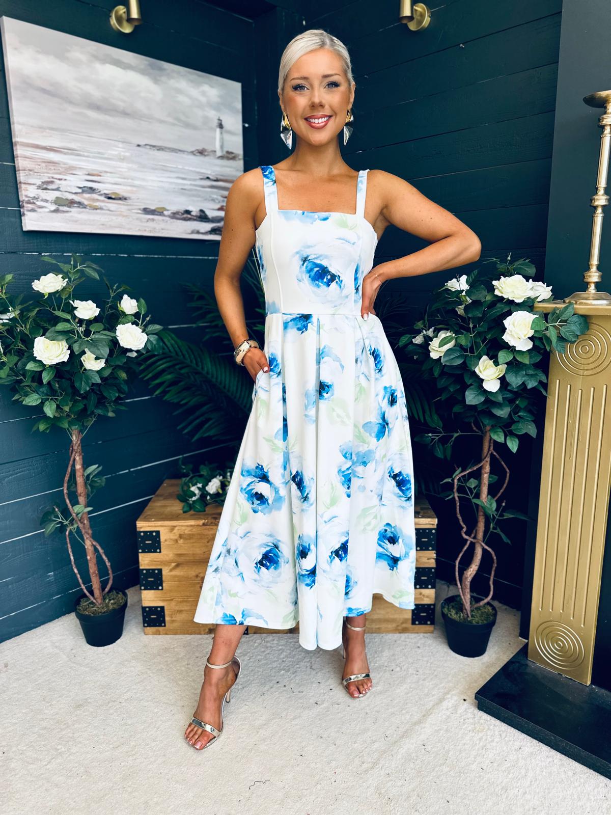Heather Pleated Skirt Midi Dress Blue Floral