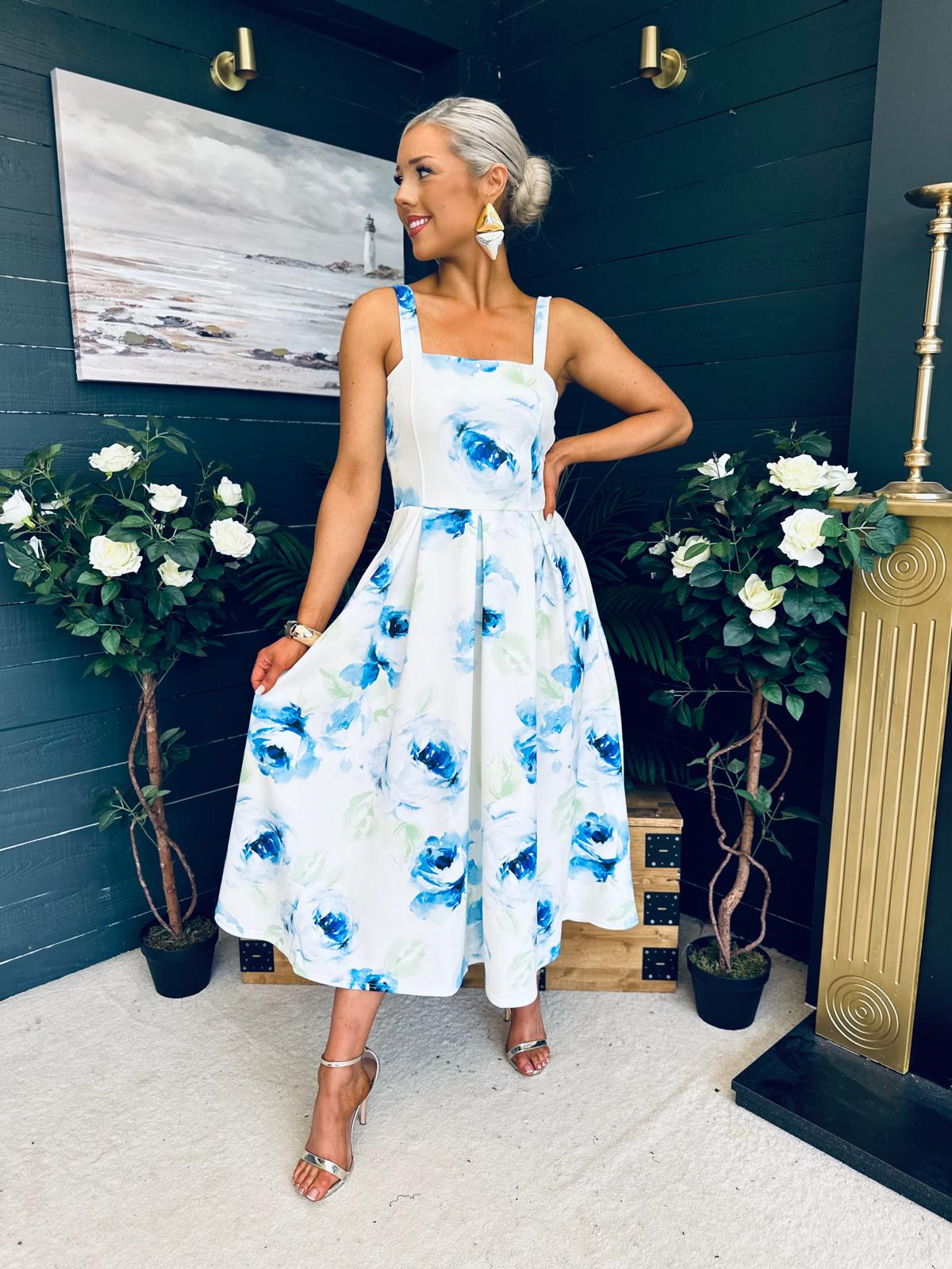 Heather Pleated Skirt Midi Dress Blue Floral