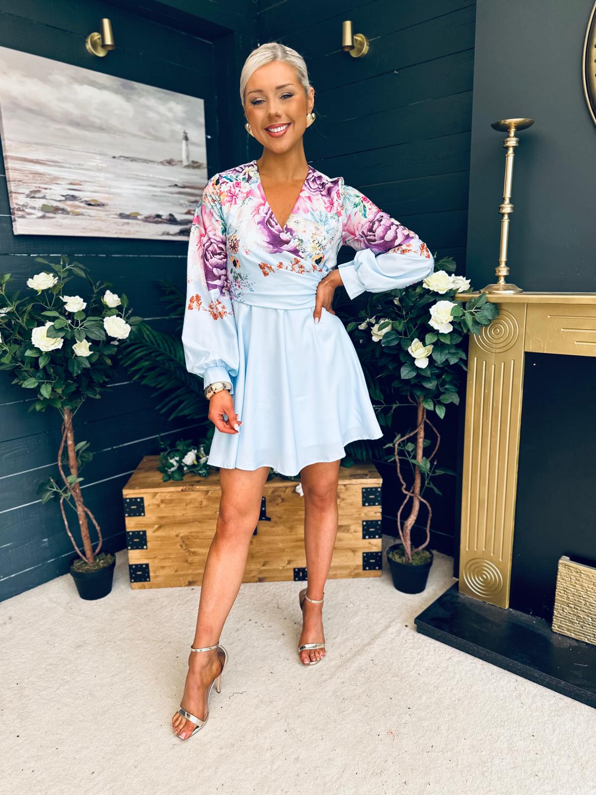 Ruth Wrap Mini Skater Dress Floral Blue