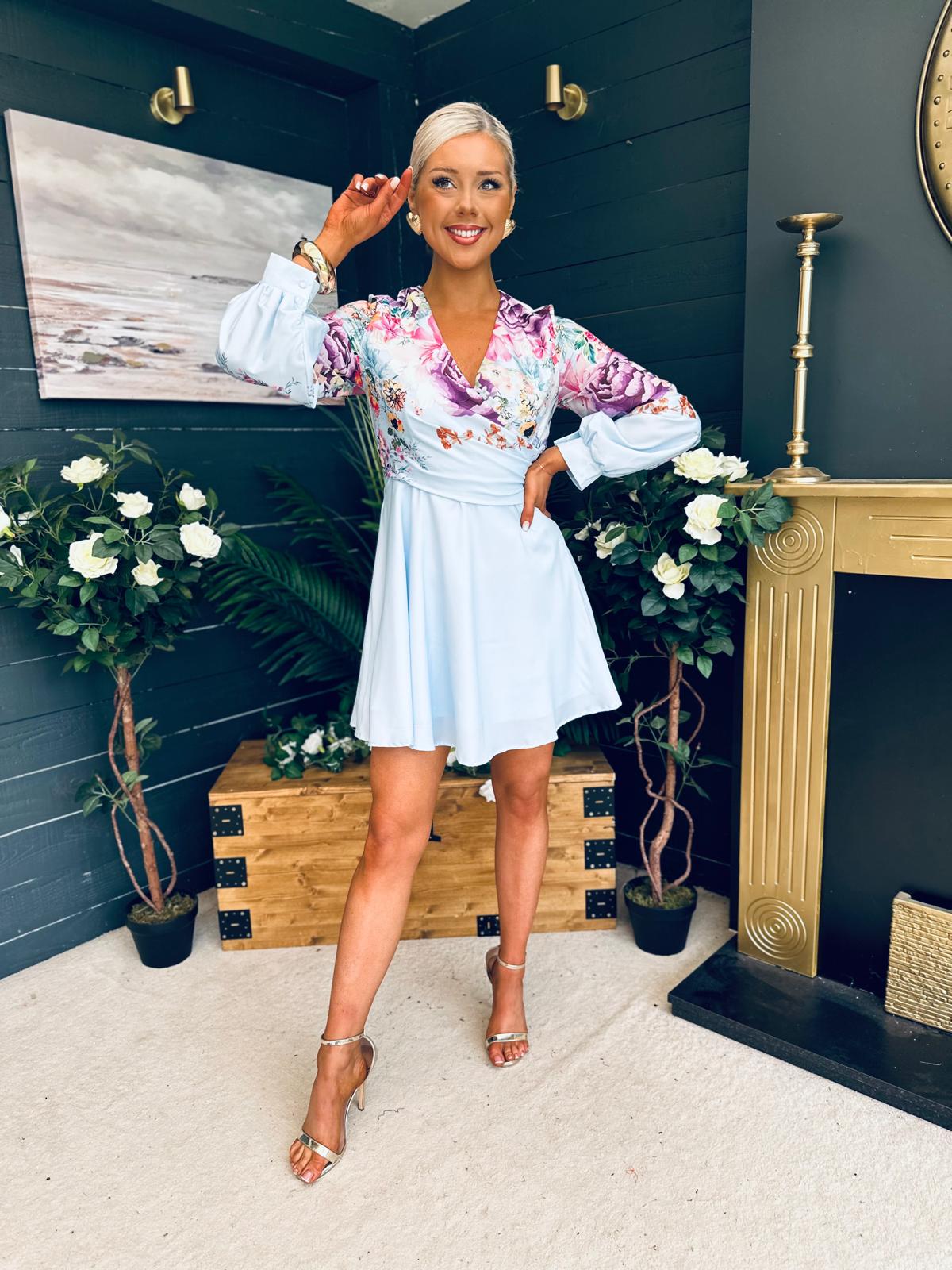Ruth Wrap Mini Skater Dress Floral Blue