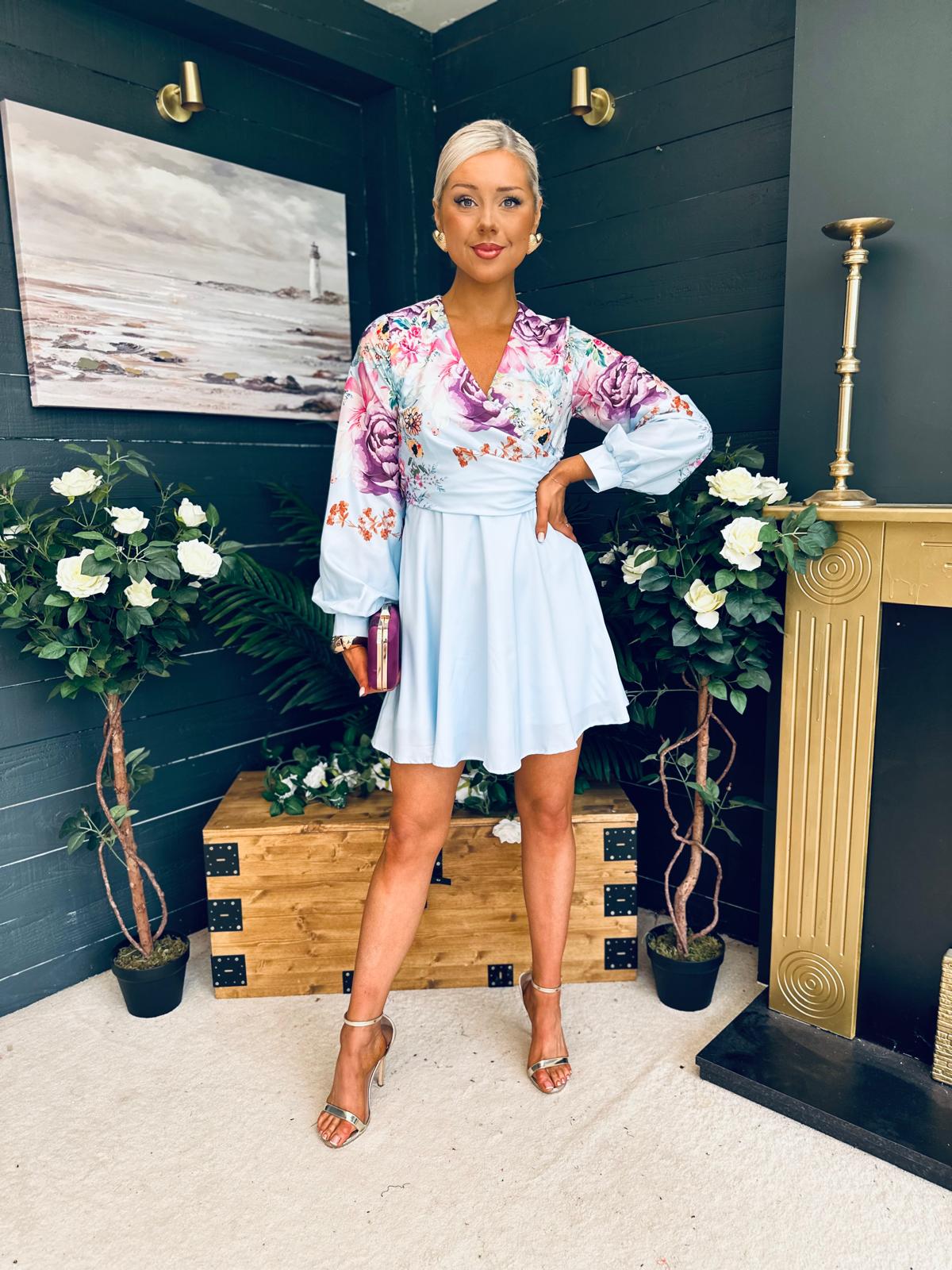 Ruth Wrap Mini Skater Dress Floral Blue