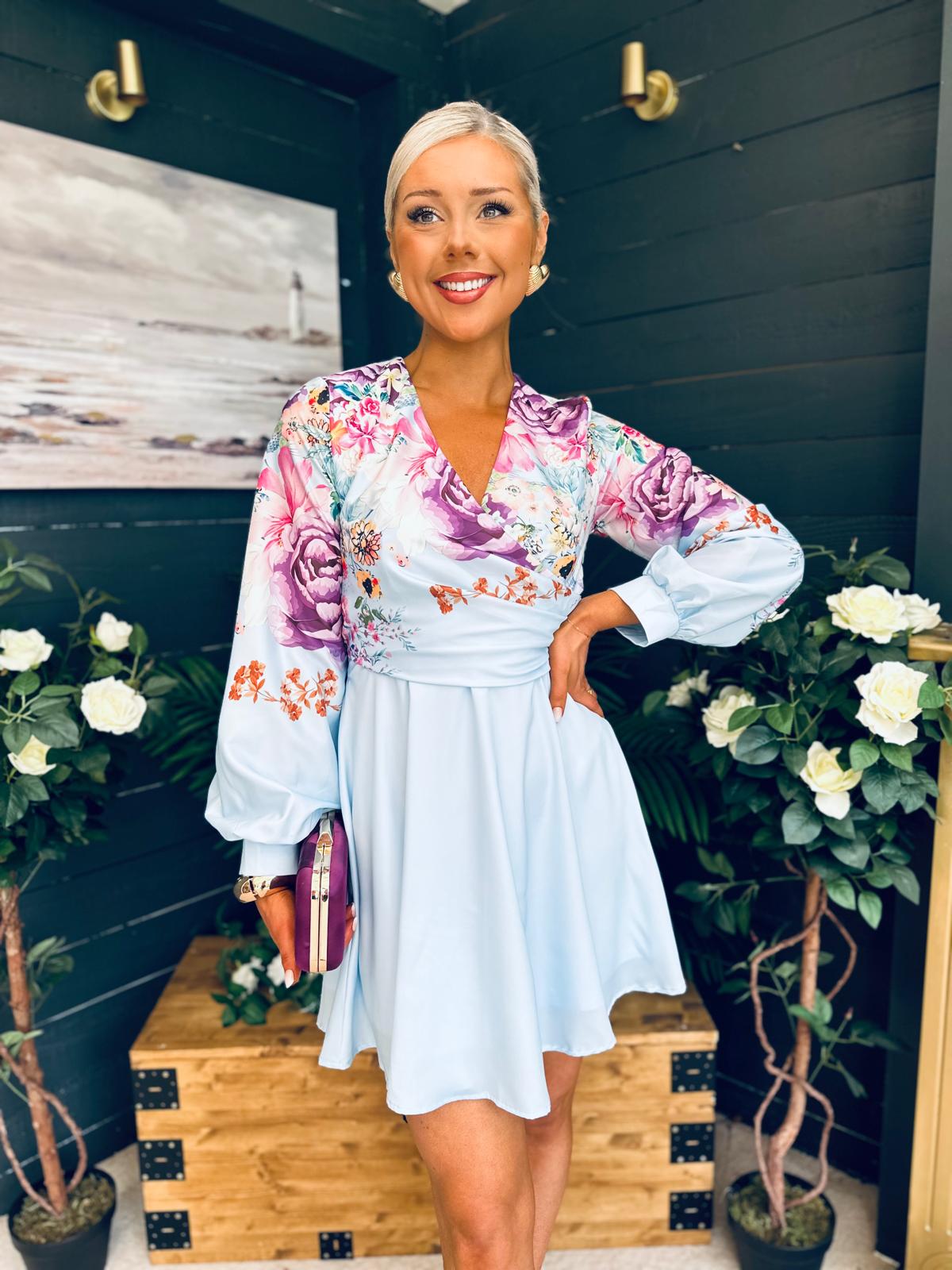 Ruth Wrap Mini Skater Dress Floral Blue