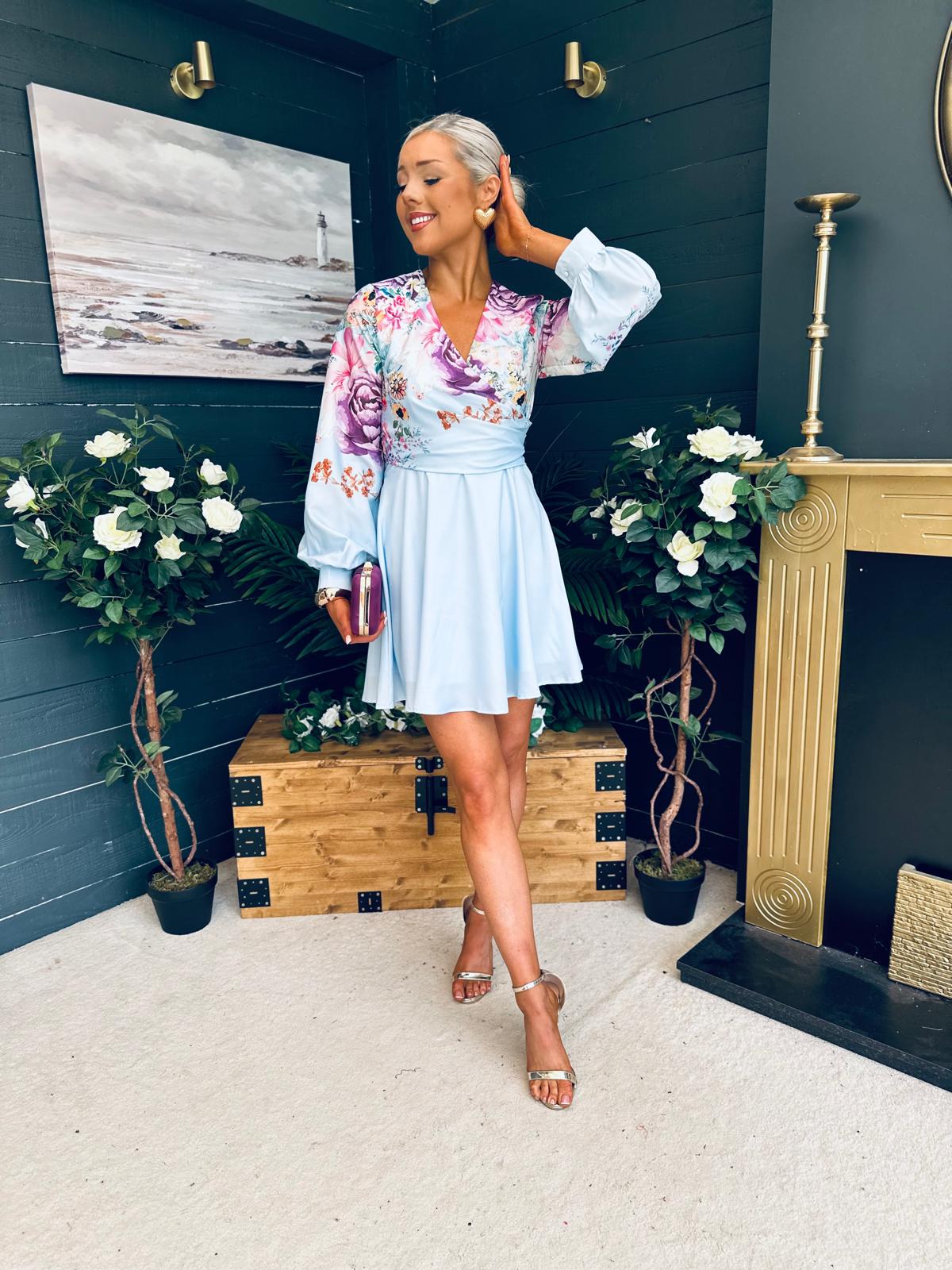 Ruth Wrap Mini Skater Dress Floral Blue
