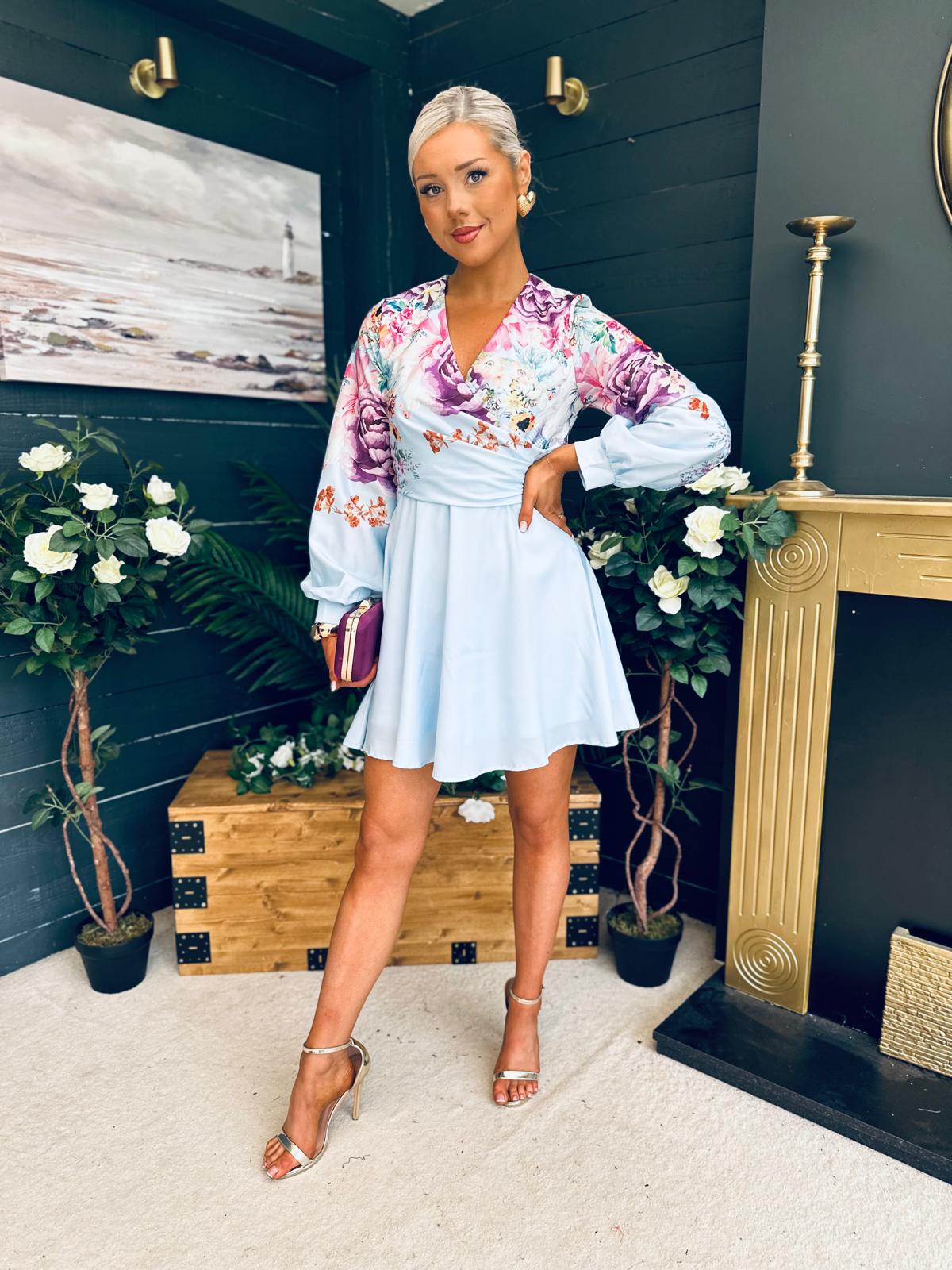 Ruth Wrap Mini Skater Dress Floral Blue