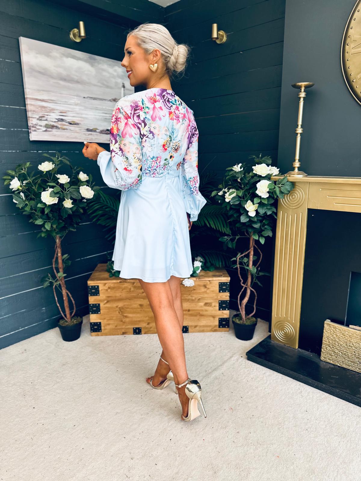 Ruth Wrap Mini Skater Dress Floral Blue