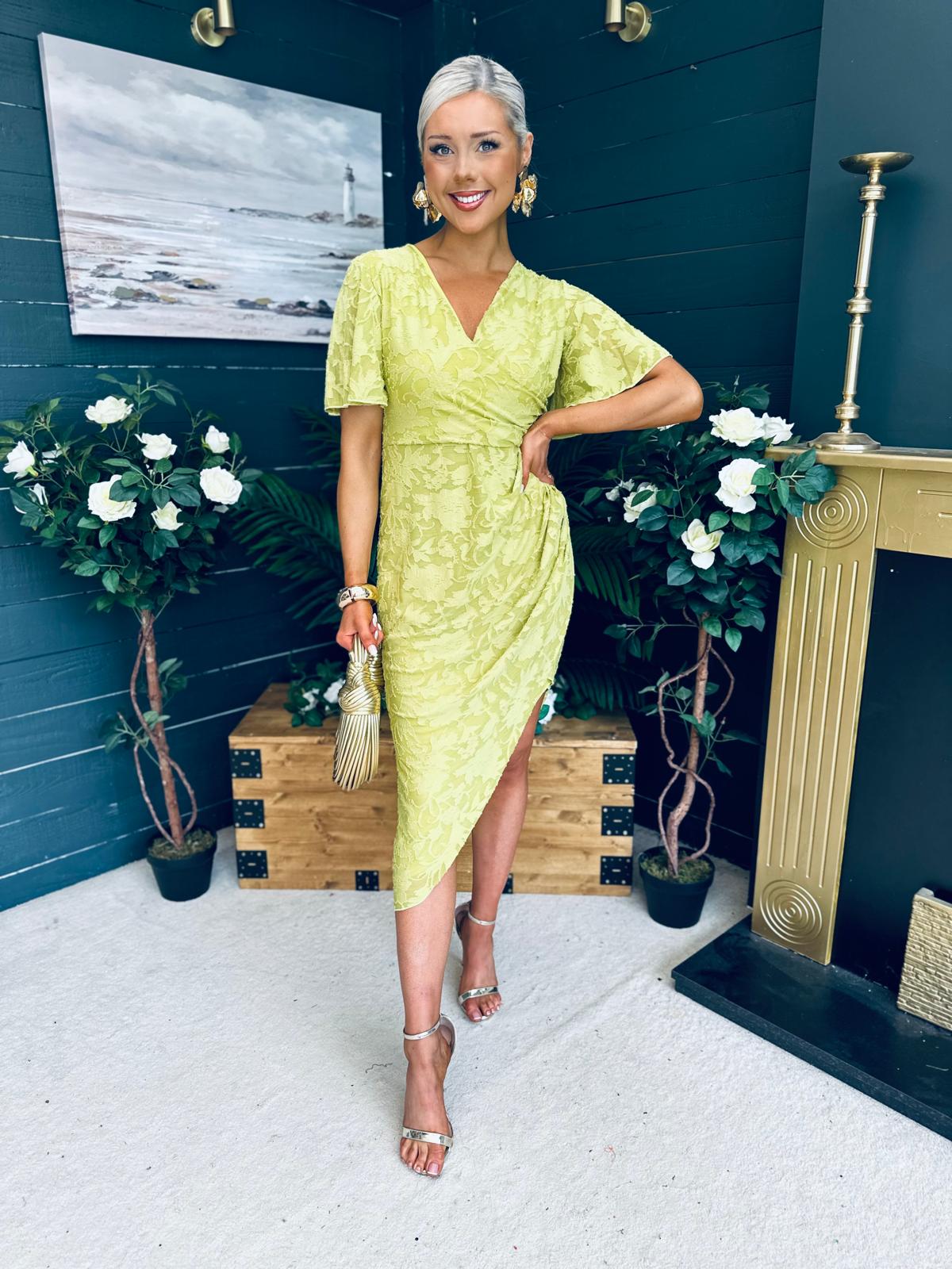 Natasha Angel Sleeve Wrap Midi Dress Lime