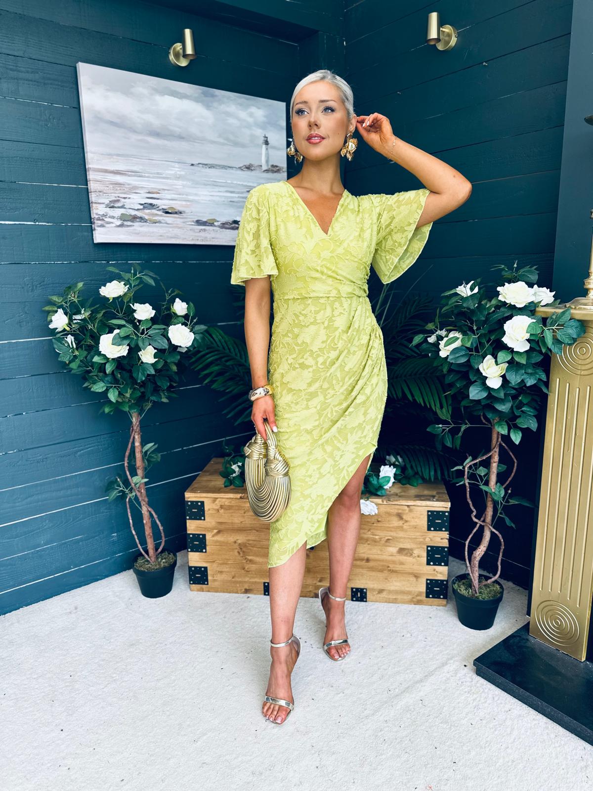 Natasha Angel Sleeve Wrap Midi Dress Lime