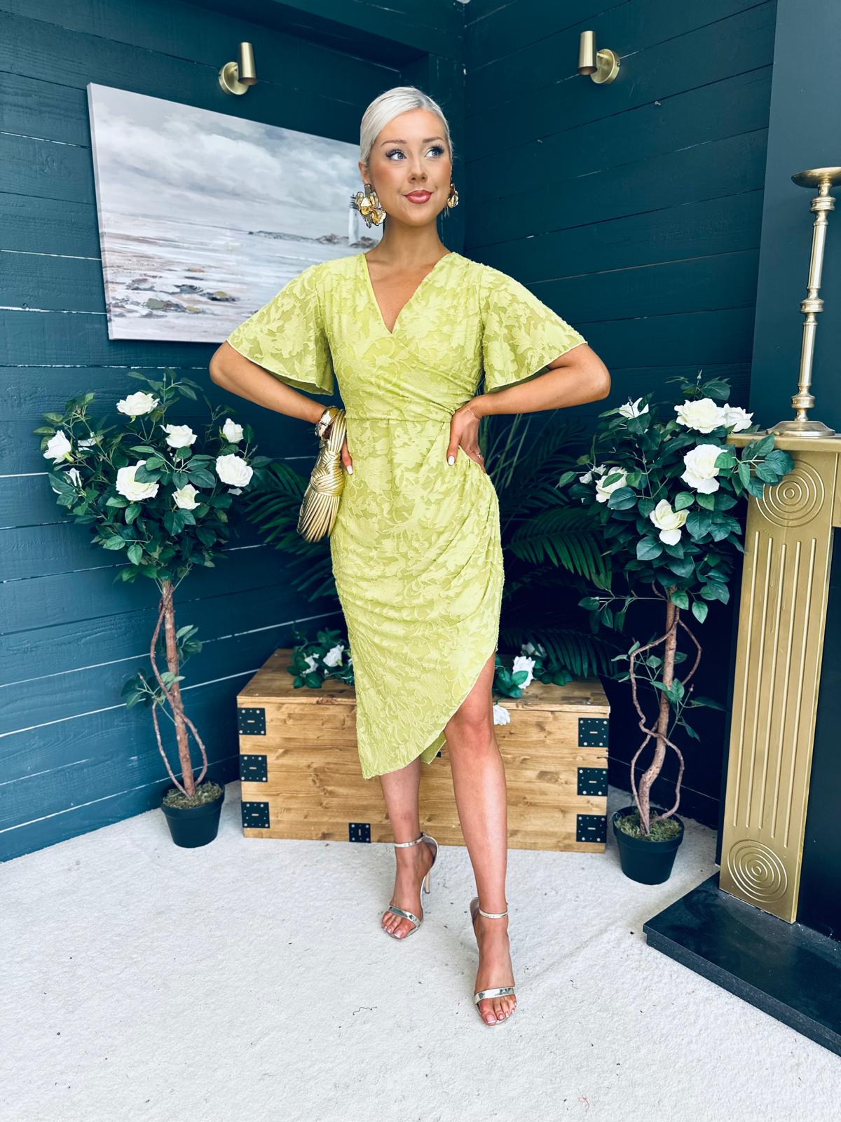 Natasha Angel Sleeve Wrap Midi Dress Lime