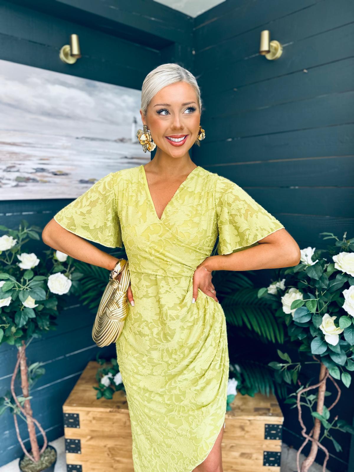 Natasha Angel Sleeve Wrap Midi Dress Lime