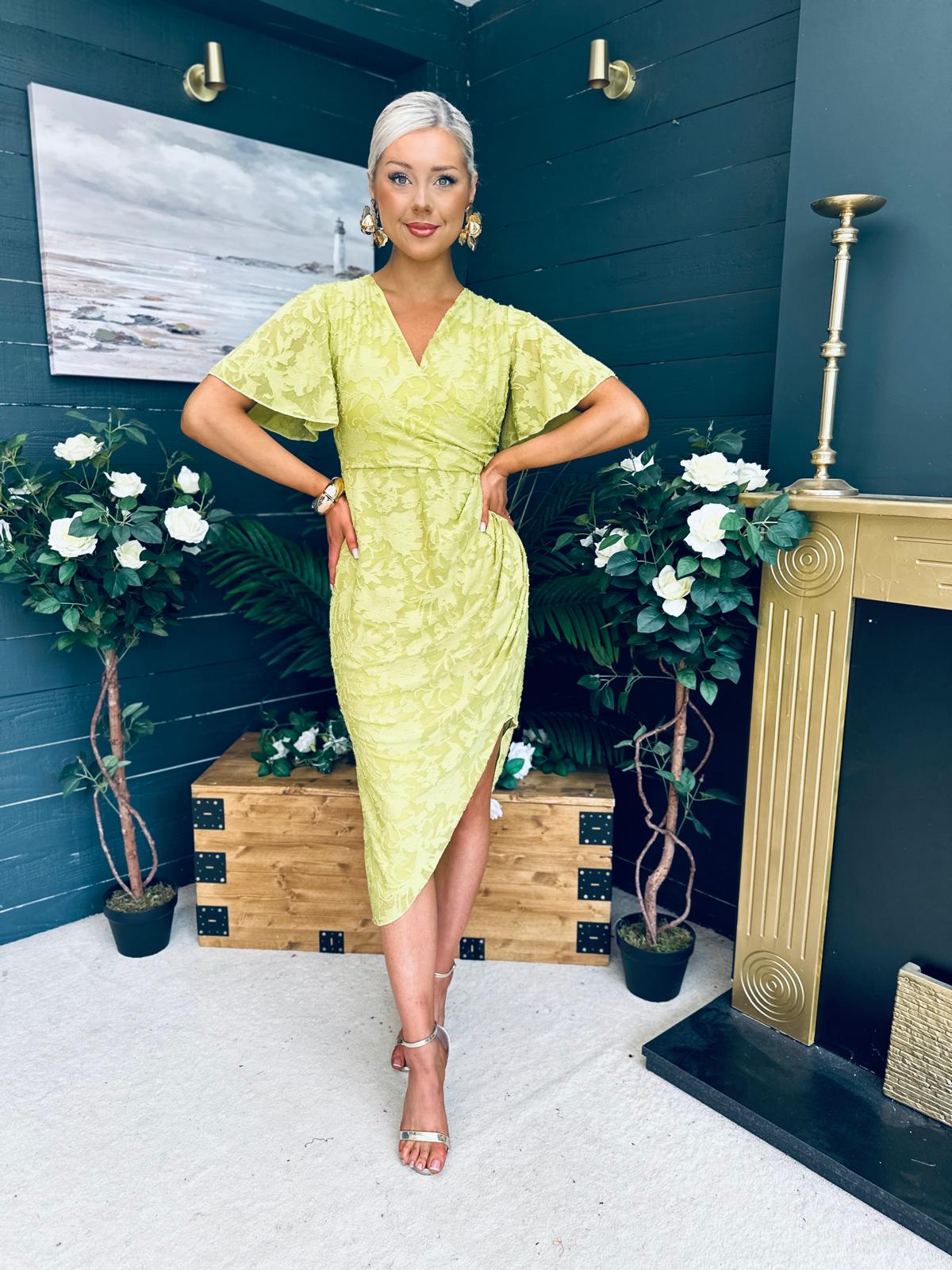 Natasha Angel Sleeve Wrap Midi Dress Lime