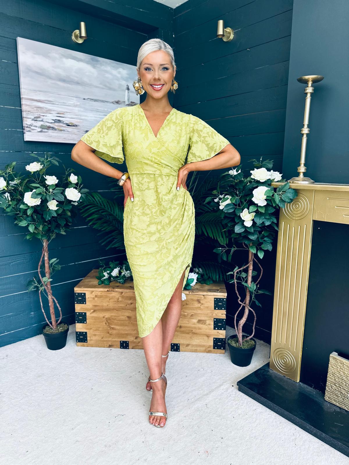 Natasha Angel Sleeve Wrap Midi Dress Lime