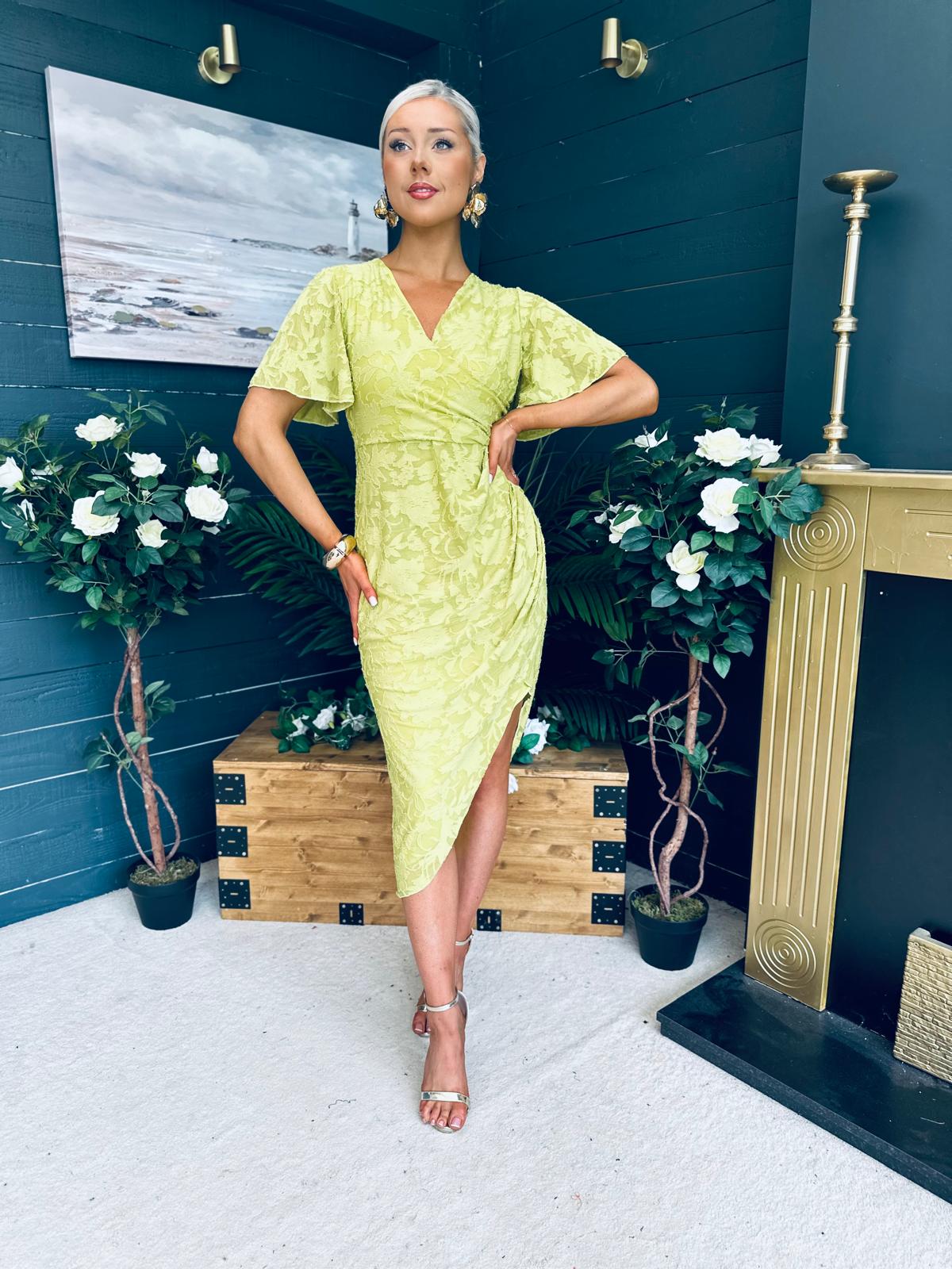 Natasha Angel Sleeve Wrap Midi Dress Lime