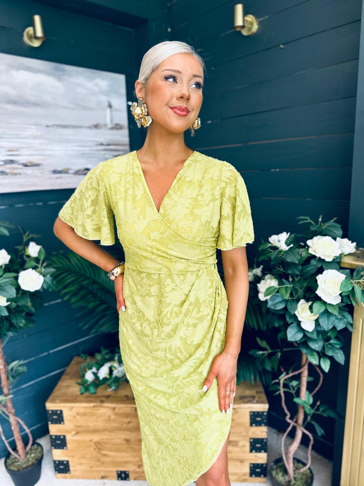 Natasha Angel Sleeve Wrap Midi Dress Lime