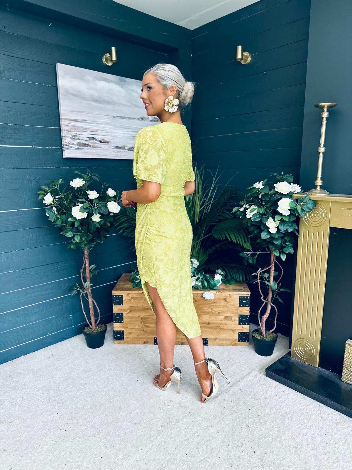 Natasha Angel Sleeve Wrap Midi Dress Lime