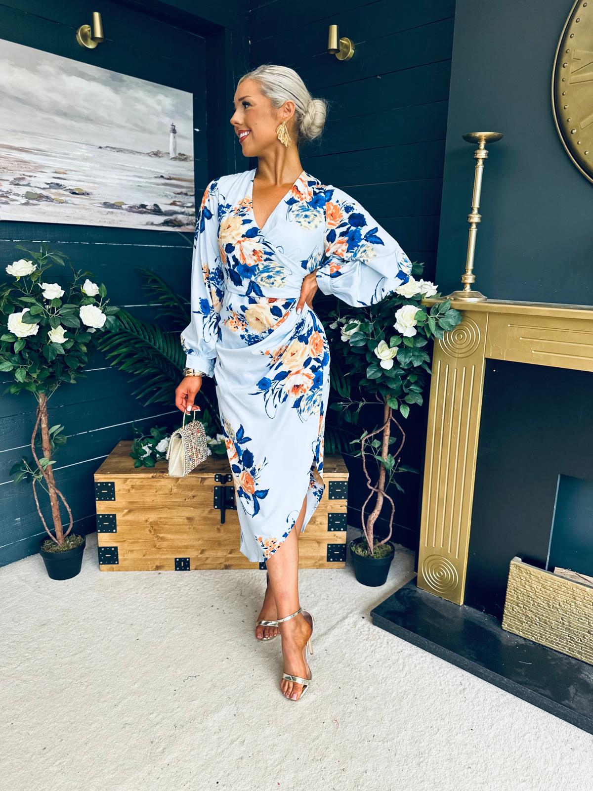 Elsa Detailed Asymmetric Dress Floral Sky Blue