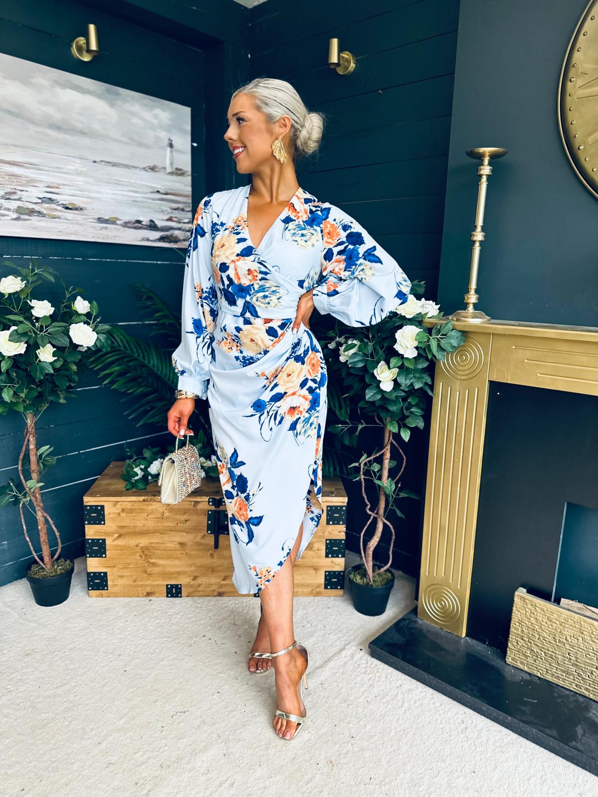 Elsa Detailed Asymmetric Dress Floral Sky Blue