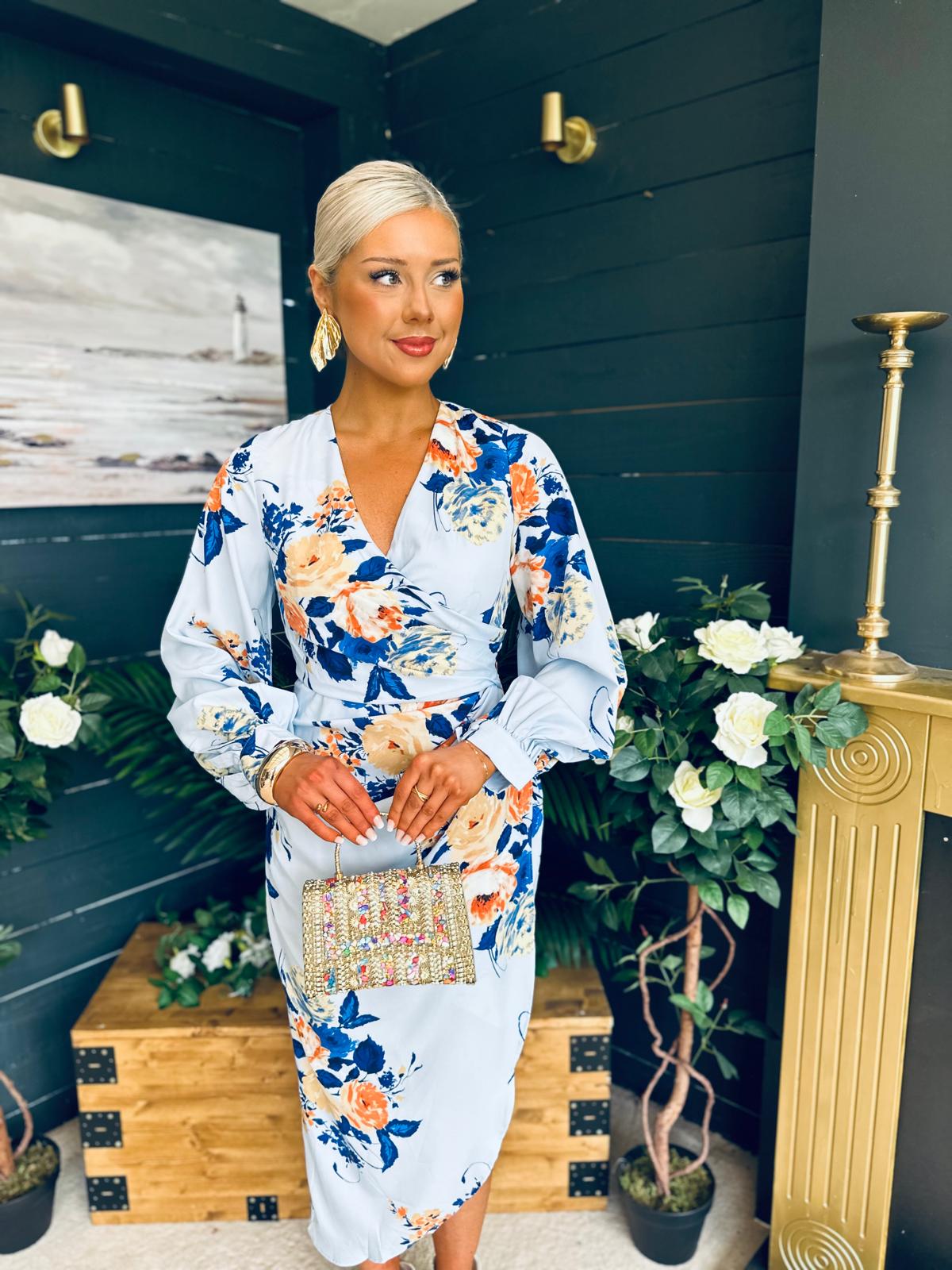 Elsa Detailed Asymmetric Dress Floral Sky Blue